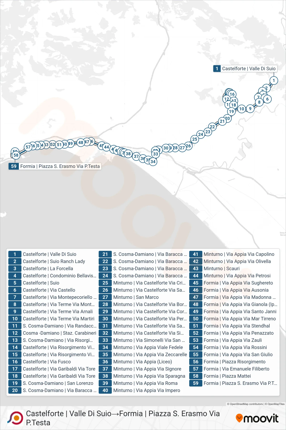 Linea COTRAL  bus (Castelforte | Valle Di Suio‎→Formia | Piazza S. Erasmo Via P.Testa) - Percorsi e fermate sulla mappa