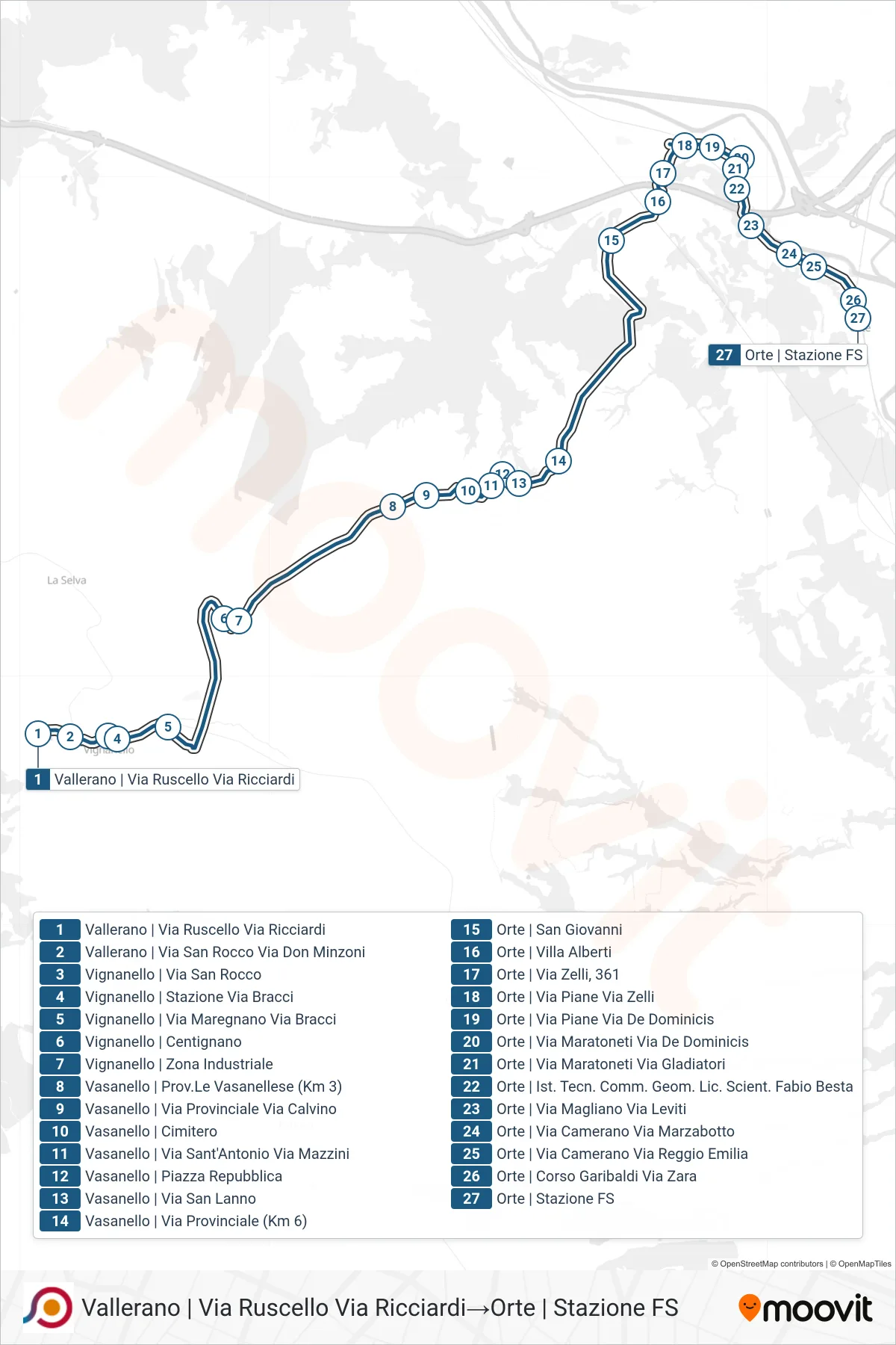 Linea COTRAL bus (Vallerano | Via Ruscello Via Ricciardi→Orte | Stazione FS) - Percorsi e fermate sulla mappa