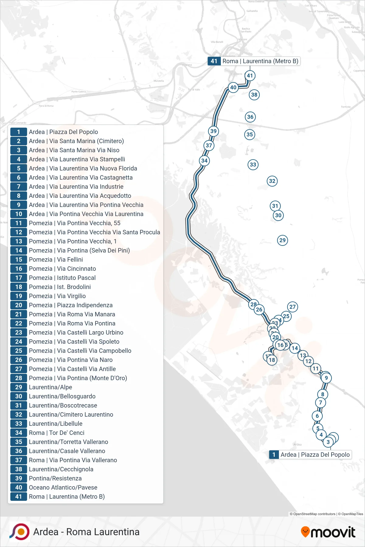 Linea COTRAL bus (Ardea | Piazza Del Popolo→Roma | Laurentina (Metro B)) - Percorsi e fermate sulla mappa