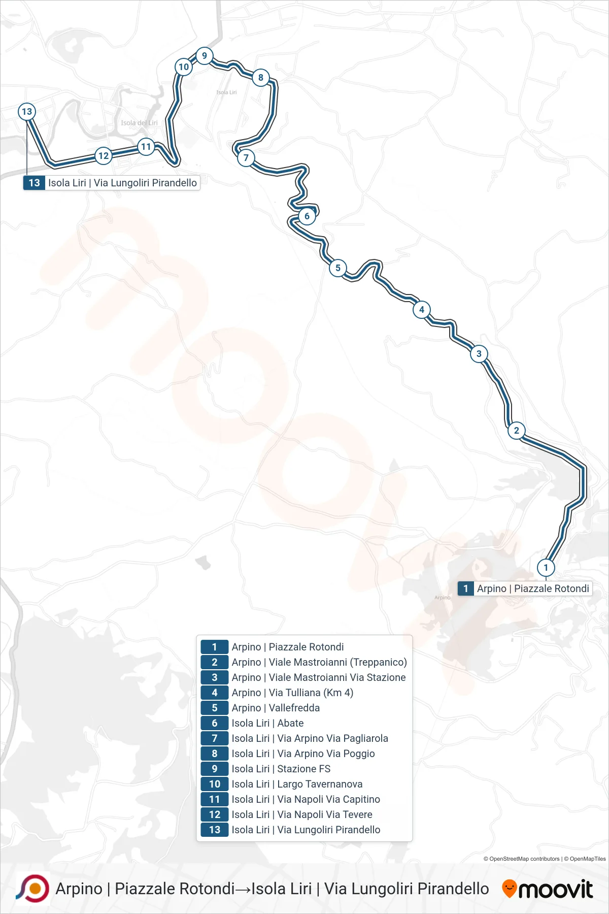 Linea COTRAL bus (Arpino | Piazzale Rotondi→Isola Liri | Via Lungoliri Pirandello) - Percorsi e fermate sulla mappa