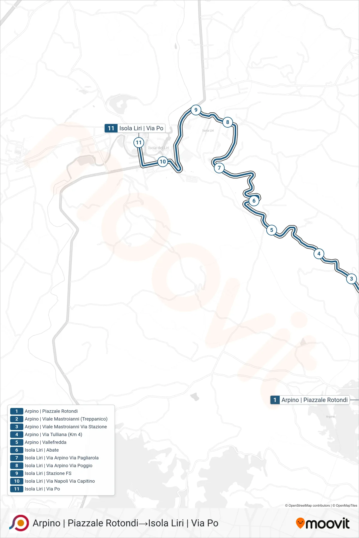 Linea COTRAL bus (Arpino | Piazzale Rotondi→Isola Liri | Via Po) - Percorsi e fermate sulla mappa