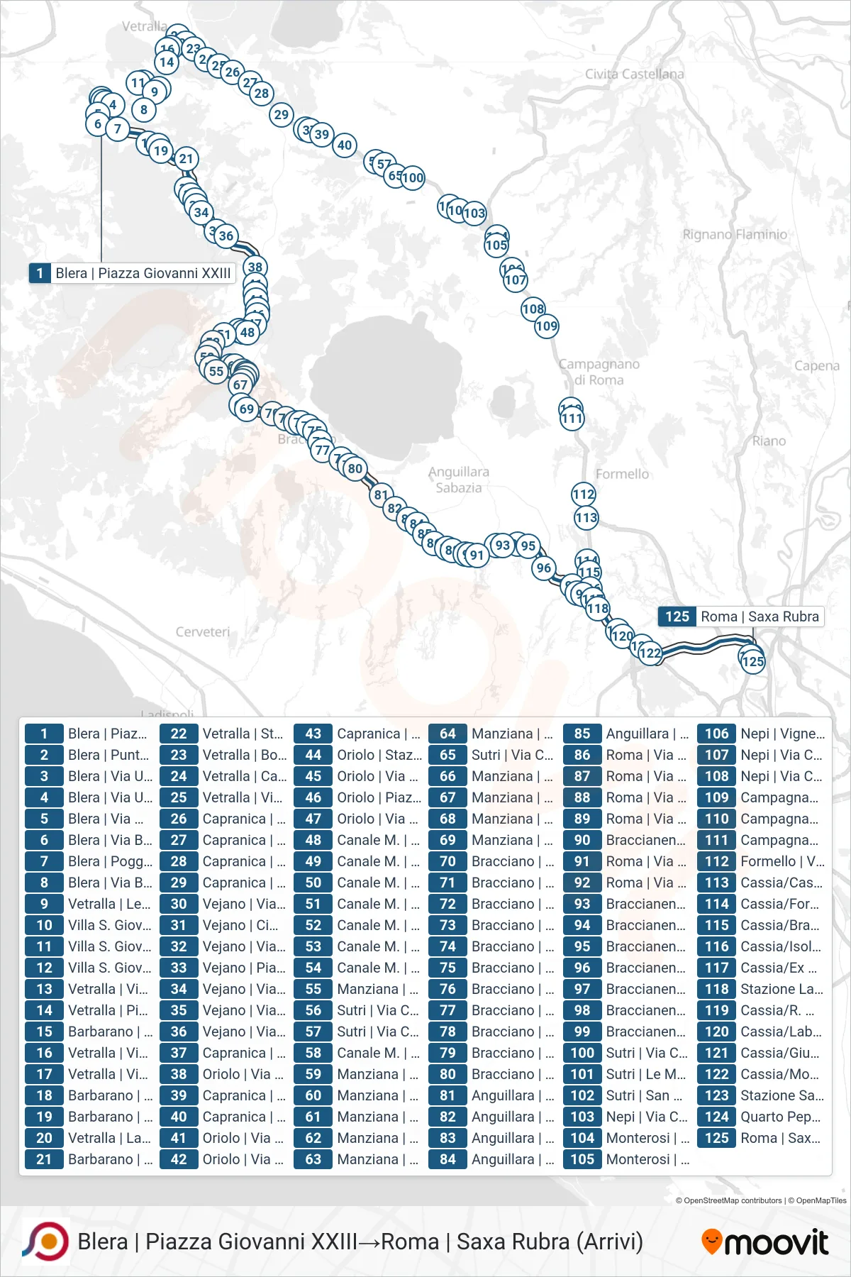 COTRAL bus Line (Blera to Piazza Giovanni XXIII→Rome | Saxa Rubra (Arrivals)) route and stops on a map