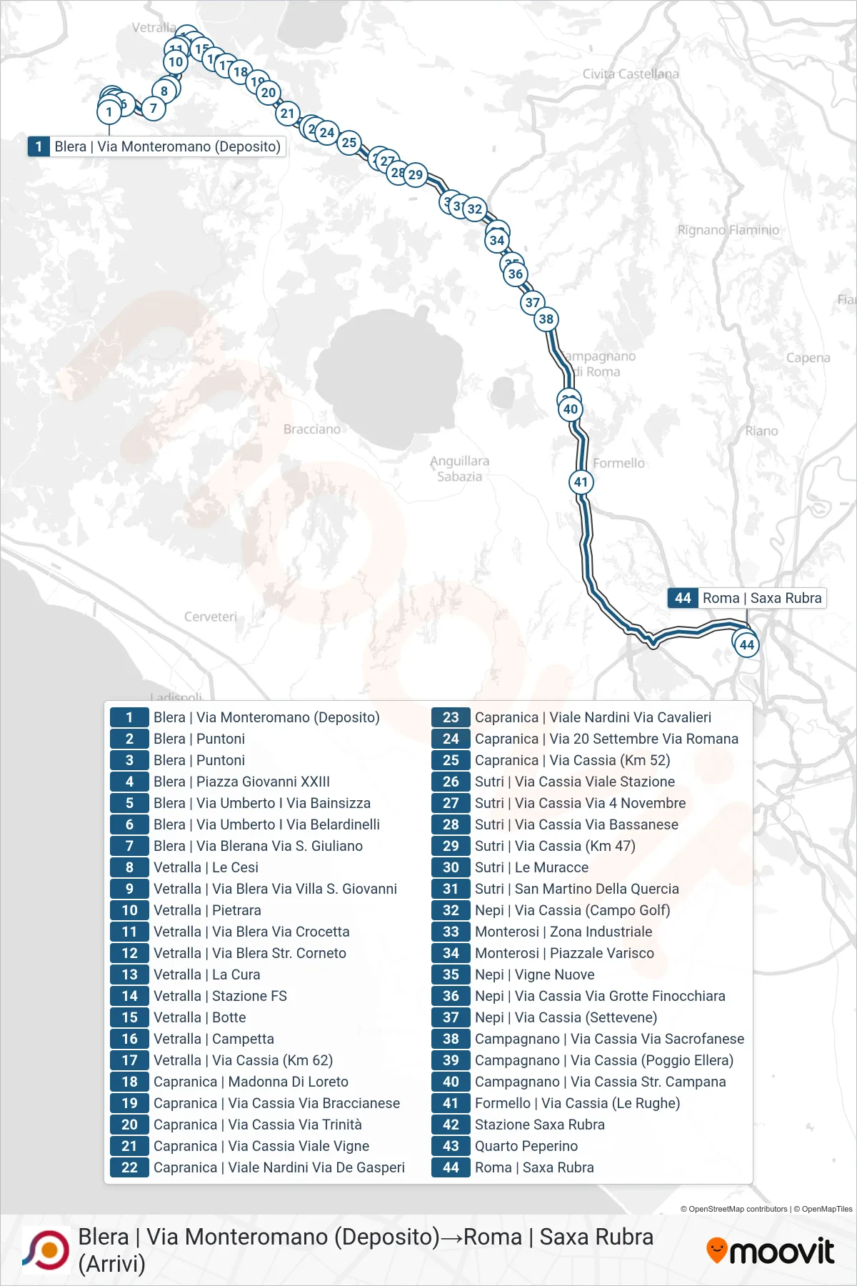 Linea COTRAL bus (Blera | Via Monteromano (Deposito)→Roma | Saxa Rubra (Arrivi)) - Percorsi e fermate sulla mappa