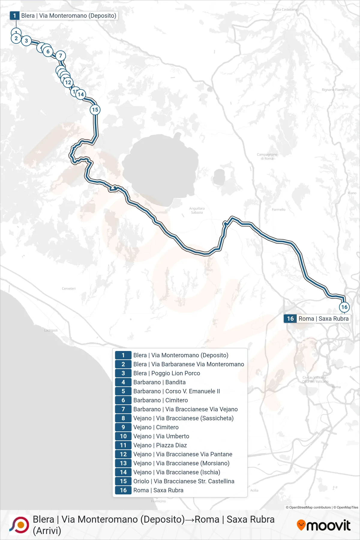 Linea COTRAL bus (Blera | Via Monteromano (Deposito)→Roma | Saxa Rubra (Arrivi)) - Percorsi e fermate sulla mappa
