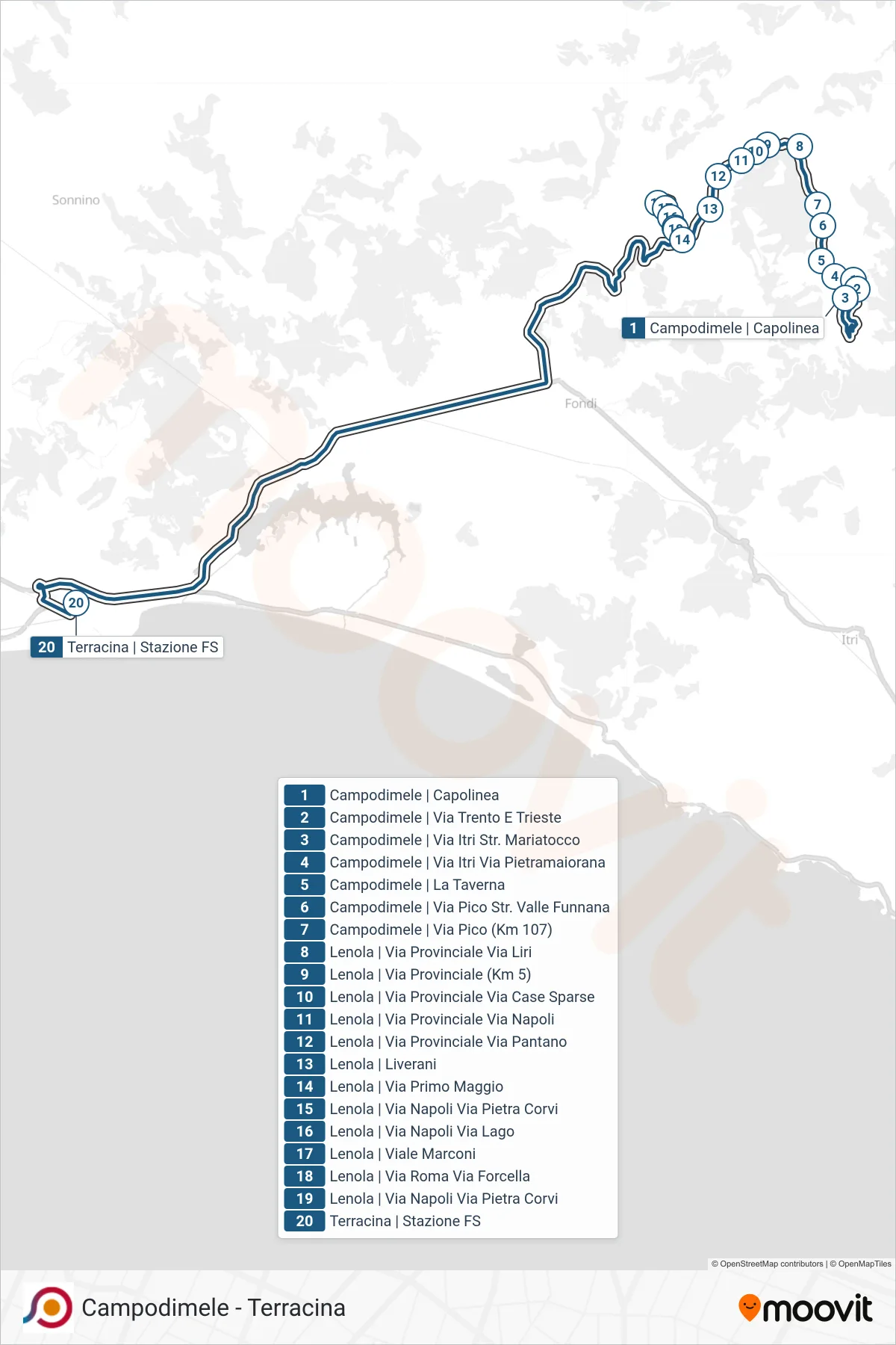 Linea COTRAL bus (Campodimele | Capolinea→Terracina | Stazione FS) - Percorsi e fermate sulla mappa