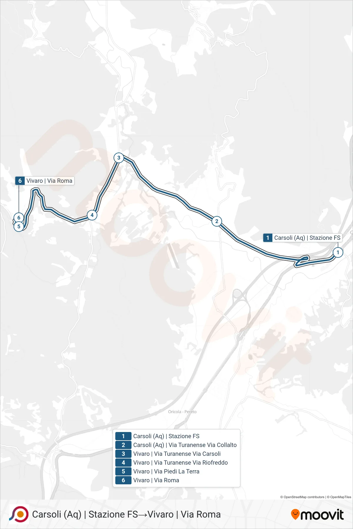 Linea COTRAL bus (Carsoli (Aq) | Stazione FS→Vivaro | Via Roma) - Percorsi e fermate sulla mappa
