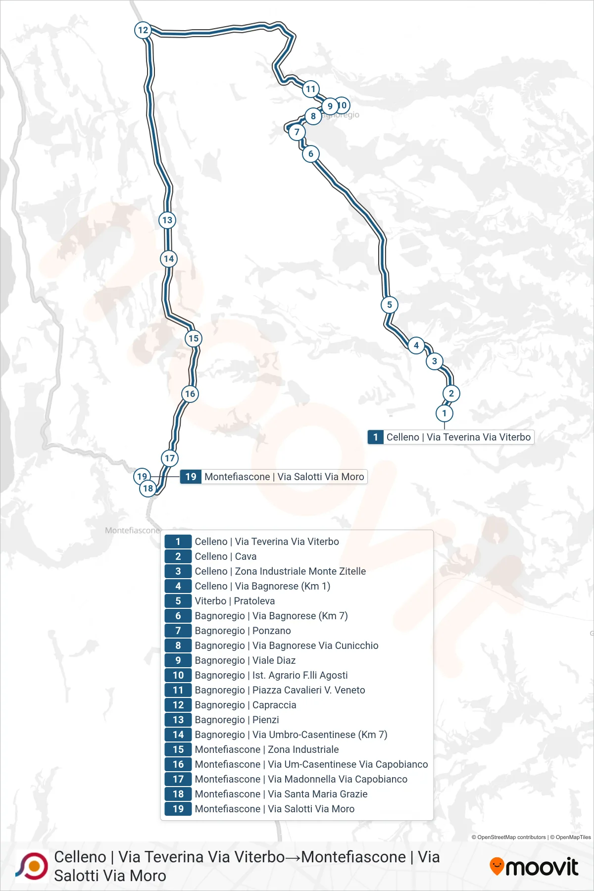 Linea COTRAL bus (Celleno | Via Teverina Via Viterbo→Montefiascone | Via Salotti Via Moro) - Percorsi e fermate sulla mappa