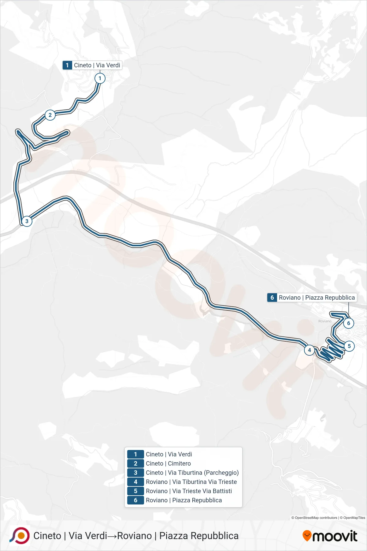 Linea COTRAL bus (Cineto | Via Verdi→Roviano | Piazza Repubblica) - Percorsi e fermate sulla mappa