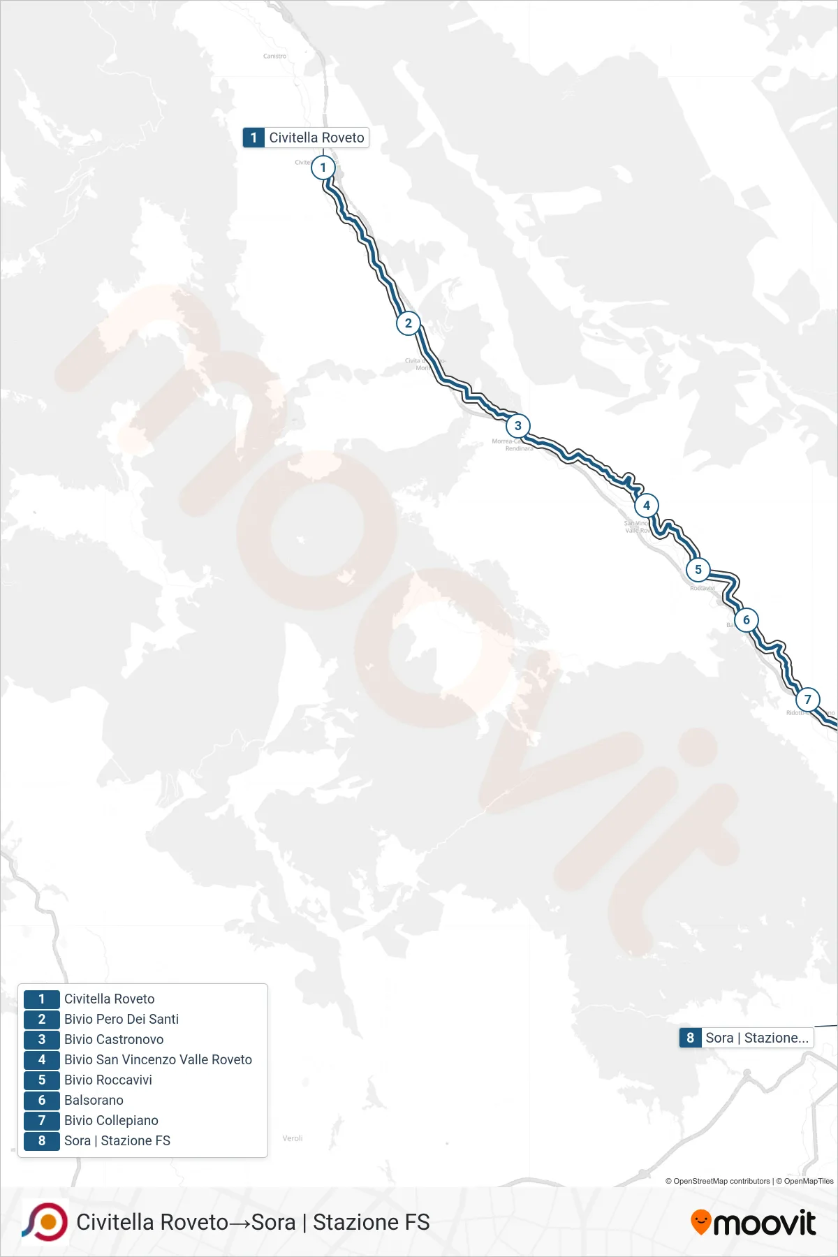 Linea COTRAL bus (Civitella Roveto→Sora | Stazione FS) - Percorsi e fermate sulla mappa