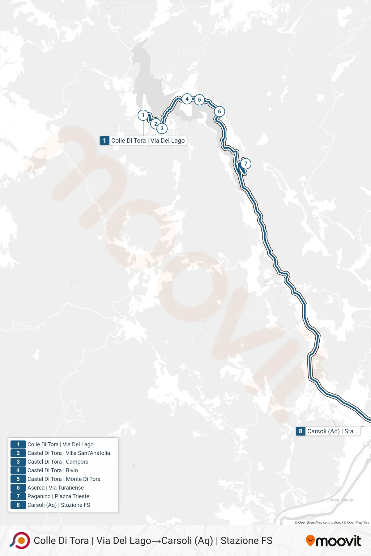 Linea COTRAL  bus (Colle Di Tora | Via Del Lago‎→Carsoli (Aq) | Stazione FS) - Percorsi e fermate sulla mappa