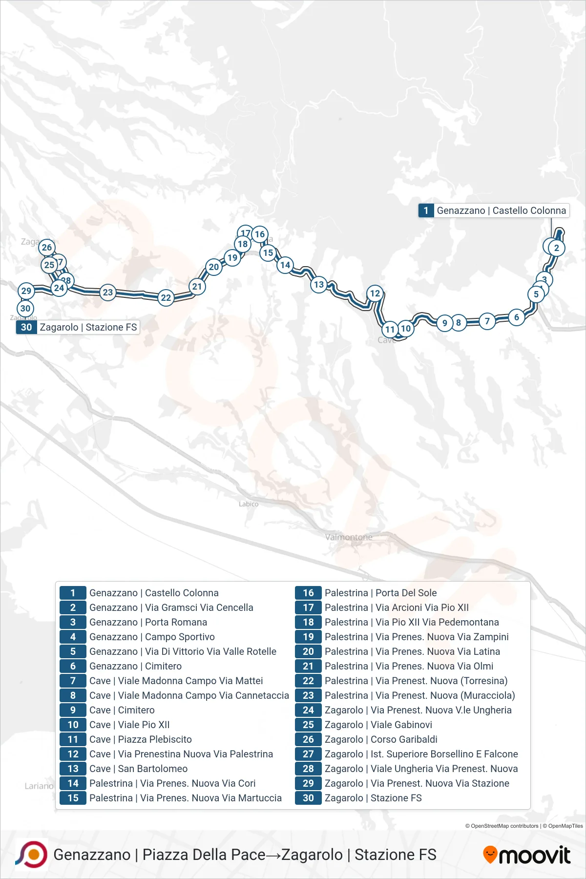 Linea COTRAL bus (Genazzano | Piazza Della Pace→Zagarolo | Stazione FS) - Percorsi e fermate sulla mappa