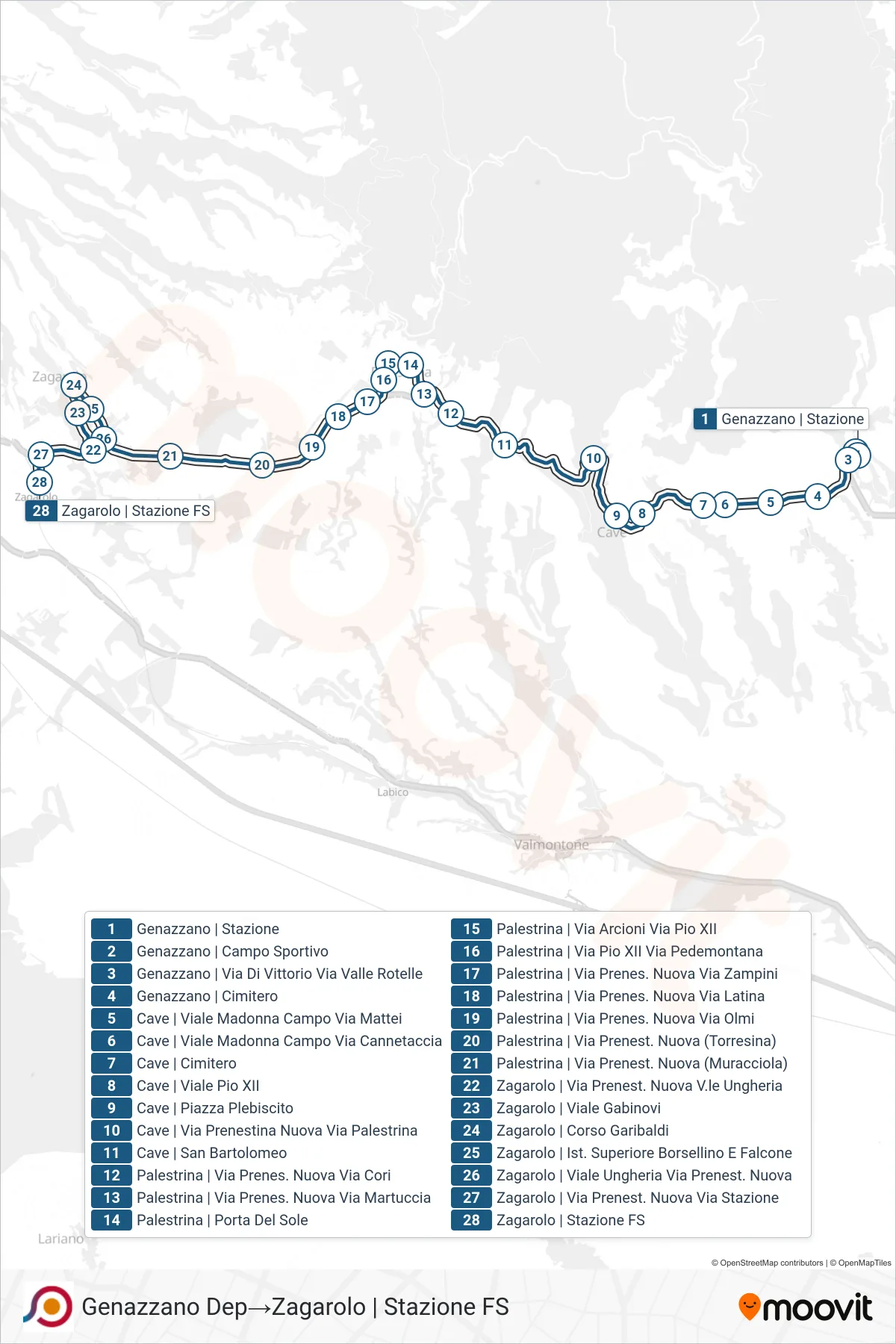 Linea COTRAL  bus (Genazzano Dep‎→Zagarolo | Stazione FS) - Percorsi e fermate sulla mappa