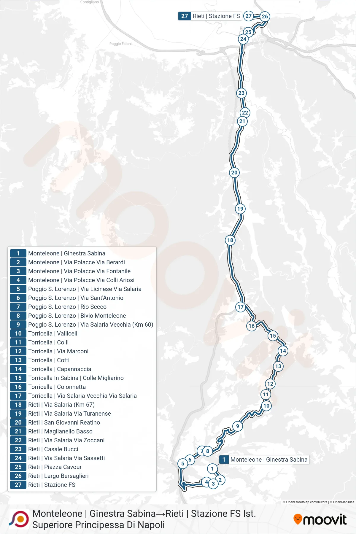 Linea COTRAL  bus (Monteleone | Ginestra Sabina‎→Rieti | Stazione FS Ist. Superiore Principessa Di Napoli) - Percorsi e fermate sulla mappa