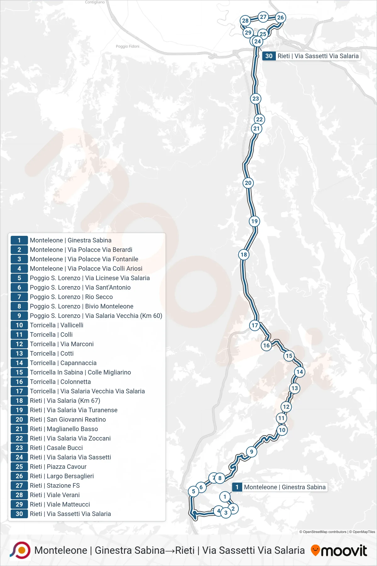 Linea COTRAL bus (Monteleone | Ginestra Sabina→Rieti | Via Sassetti Via Salaria) - Percorsi e fermate sulla mappa