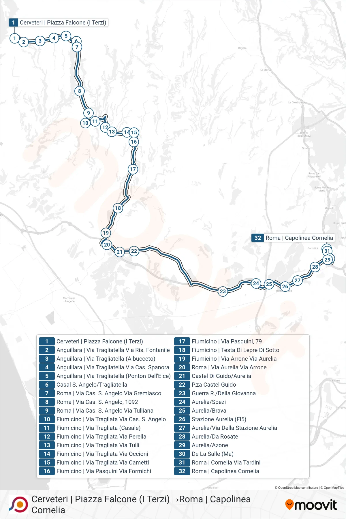 Linea COTRAL bus (Cerveteri | Piazza Falcone (I Terzi)→Roma | Capolinea Cornelia) - Percorsi e fermate sulla mappa