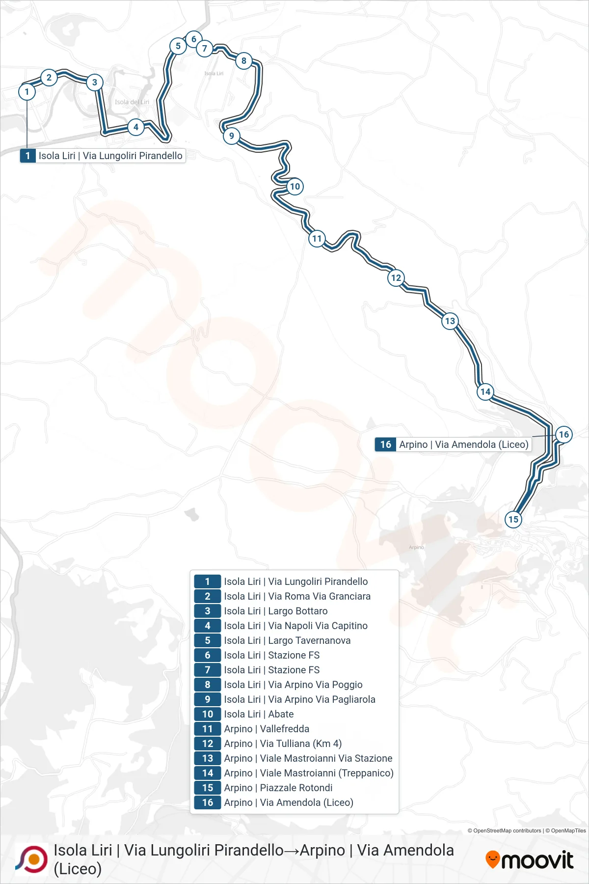 Linea COTRAL bus (Isola Liri | Via Lungoliri Pirandello→Arpino | Via Amendola (Liceo)) - Percorsi e fermate sulla mappa