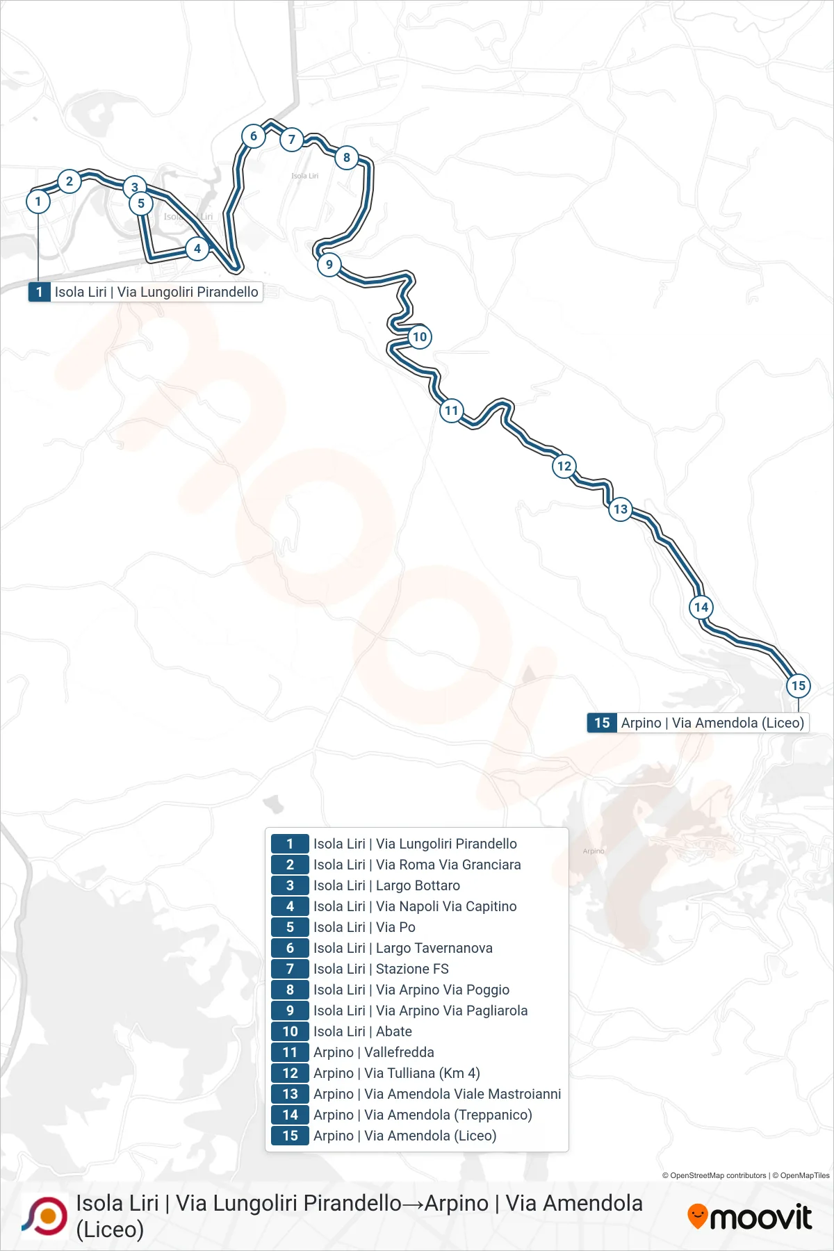 Linea COTRAL bus (Isola Liri | Via Lungoliri Pirandello→Arpino | Via Amendola (Liceo)) - Percorsi e fermate sulla mappa