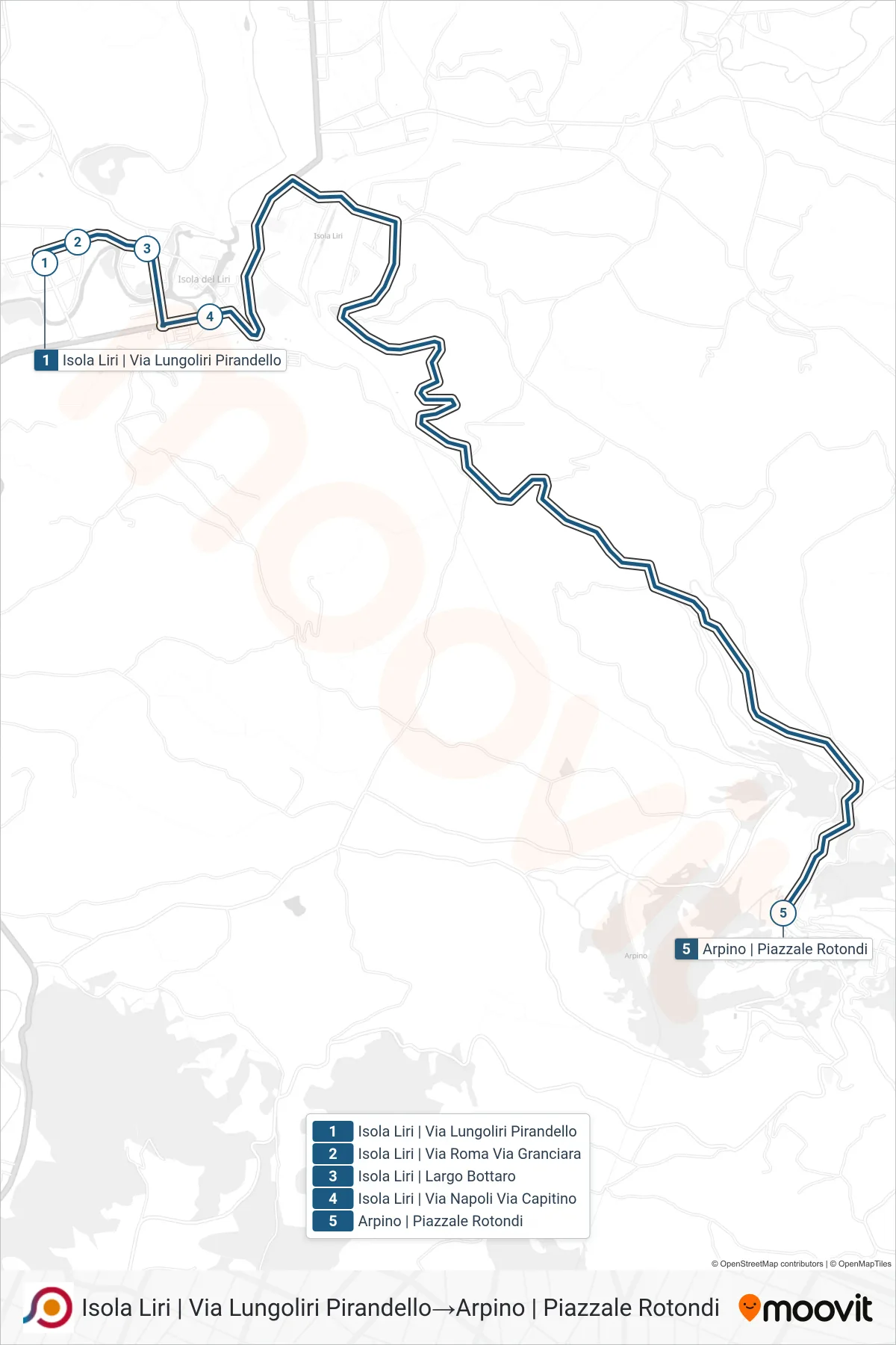Linea COTRAL  bus (Isola Liri | Via Lungoliri Pirandello‎→Arpino | Piazzale Rotondi) - Percorsi e fermate sulla mappa