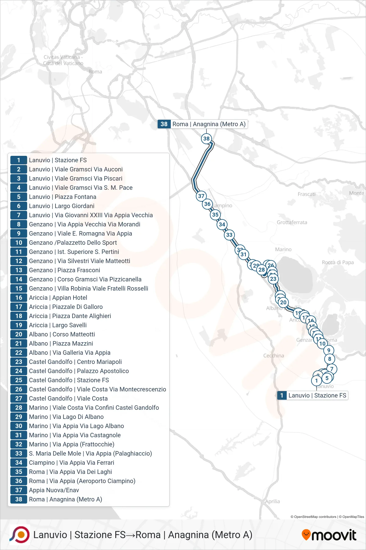 Linea COTRAL bus (Lanuvio | Stazione FS→Roma | Anagnina (Metro A)) - Percorsi e fermate sulla mappa