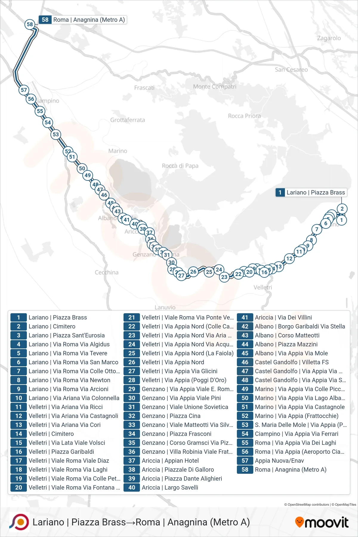 Linea COTRAL bus (Lariano | Piazza Brass→Roma | Anagnina (Metro A)) - Percorsi e fermate sulla mappa