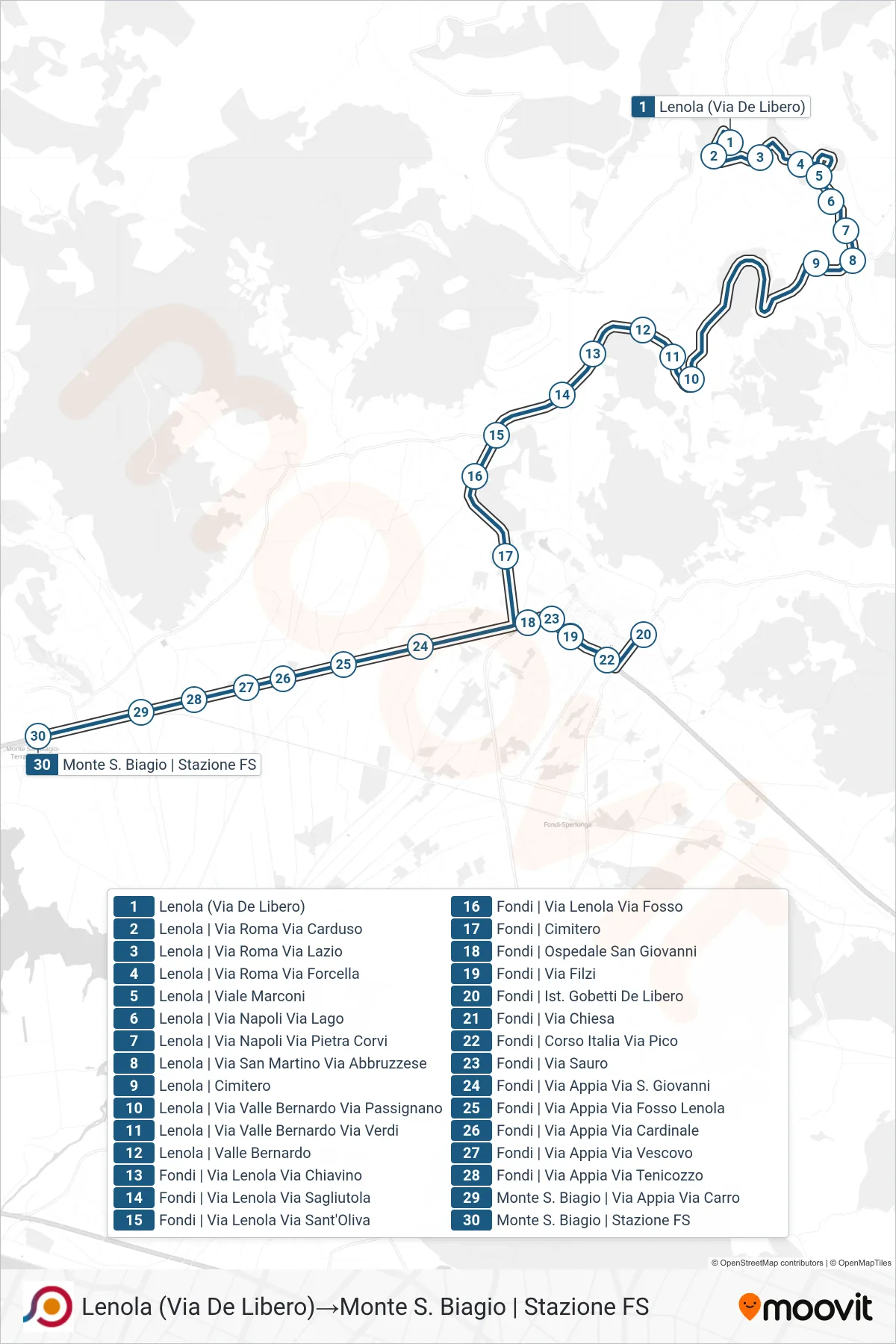 Linea COTRAL bus (Lenola (Via De Libero)→Monte S. Biagio | Stazione FS) - Percorsi e fermate sulla mappa