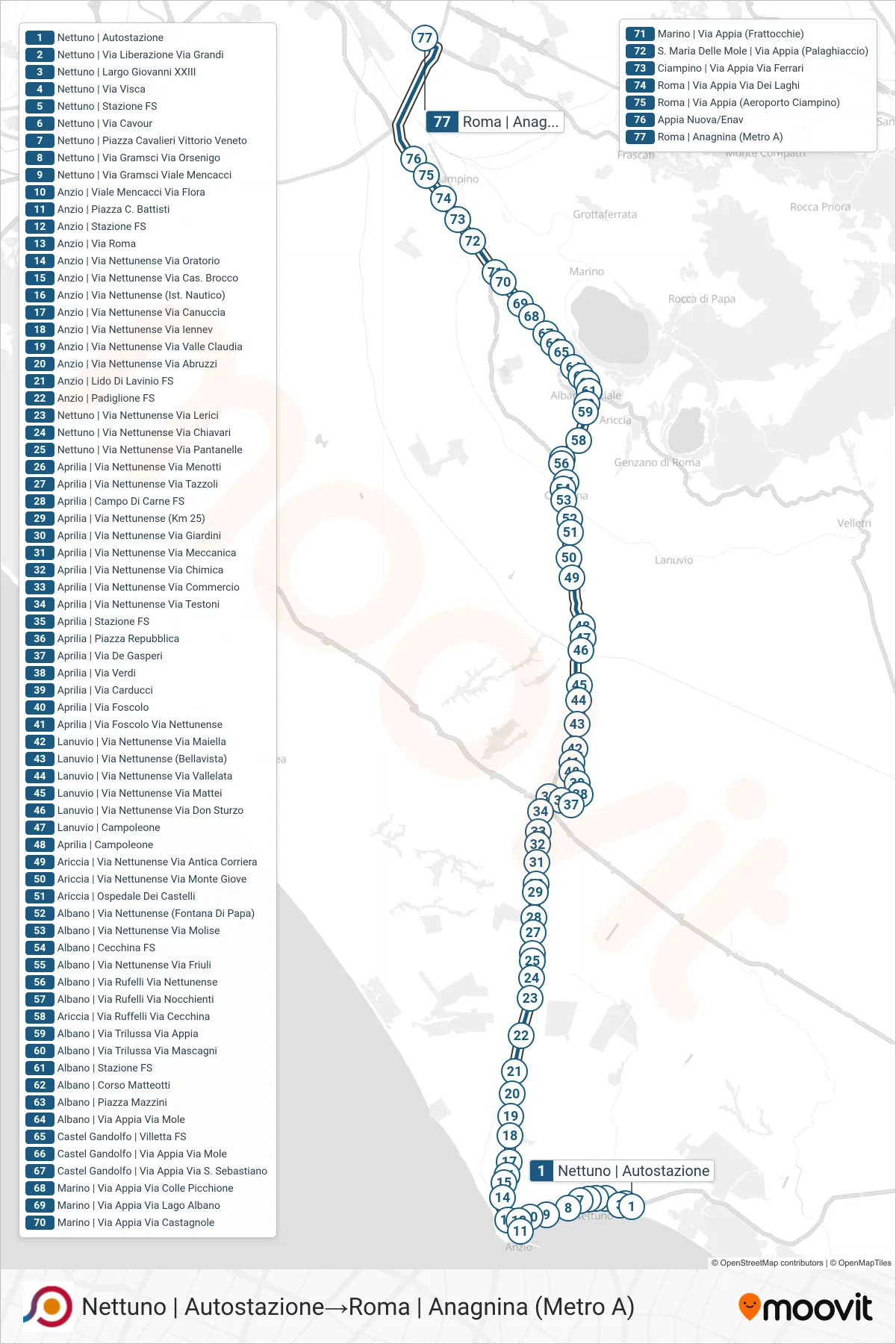 Linea COTRAL  bus (Nettuno | Autostazione‎→Roma | Anagnina (Metro A)) - Percorsi e fermate sulla mappa