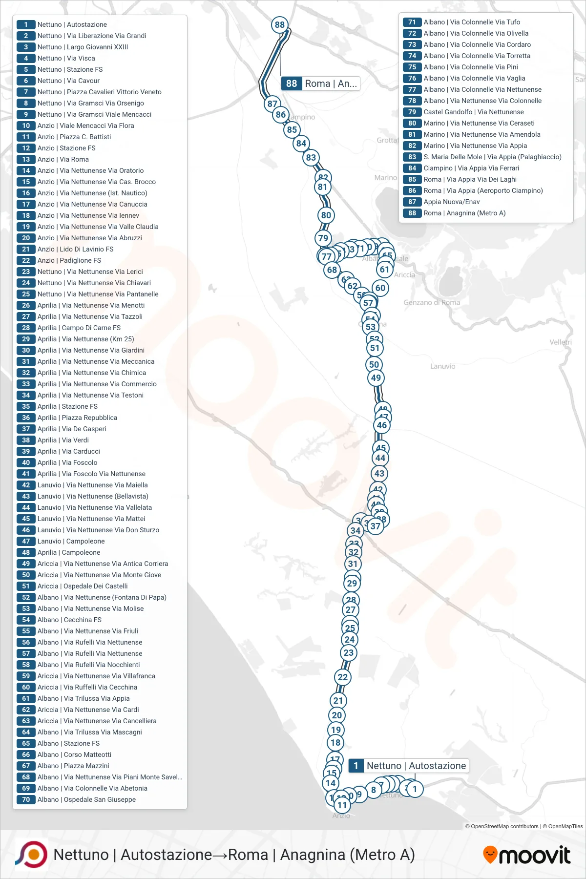 Linea COTRAL bus (Nettuno | Autostazione→Roma | Anagnina (Metro A)) - Percorsi e fermate sulla mappa