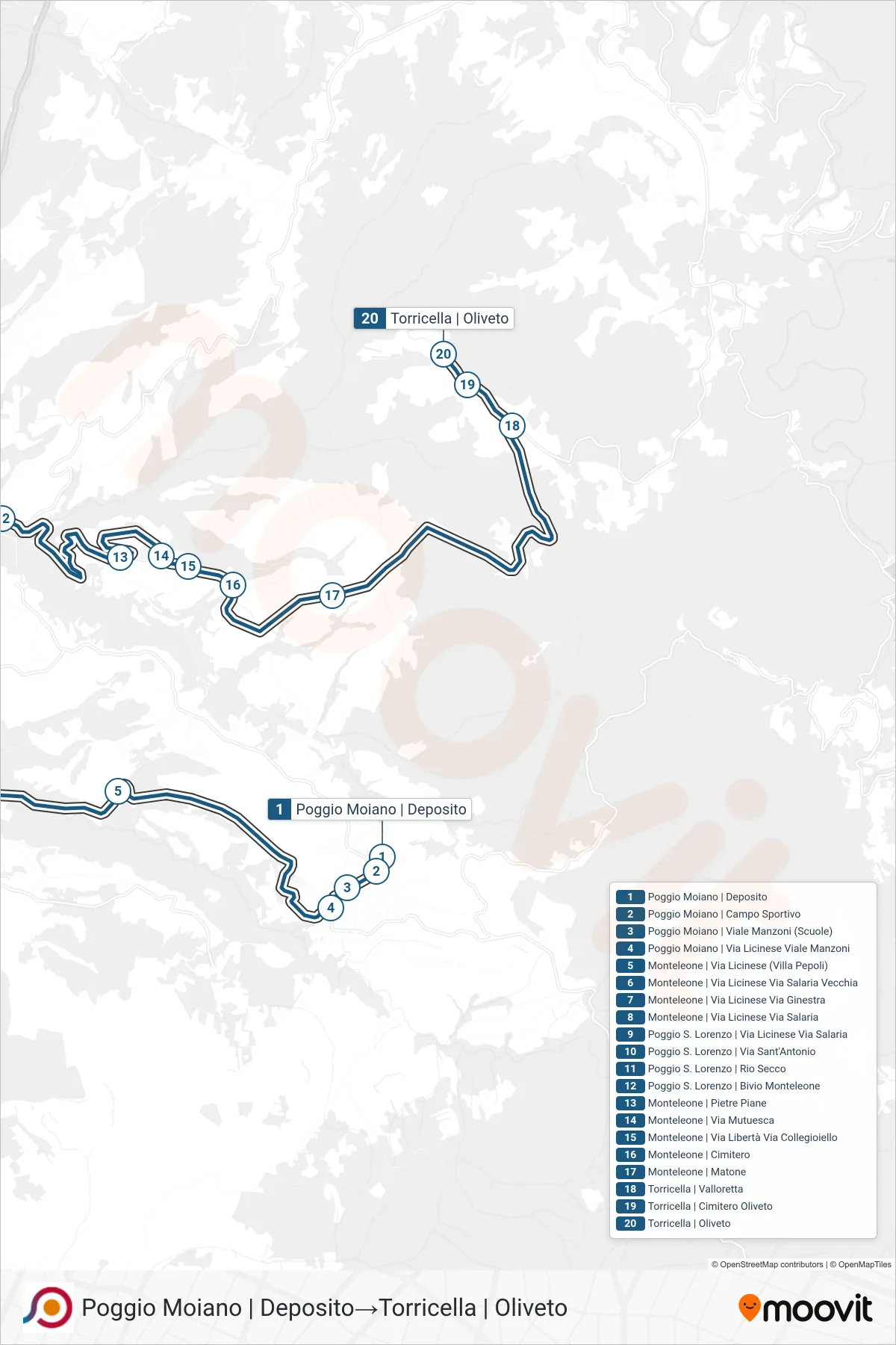 Linea COTRAL  bus (Poggio Moiano | Deposito‎→Torricella | Oliveto) - Percorsi e fermate sulla mappa