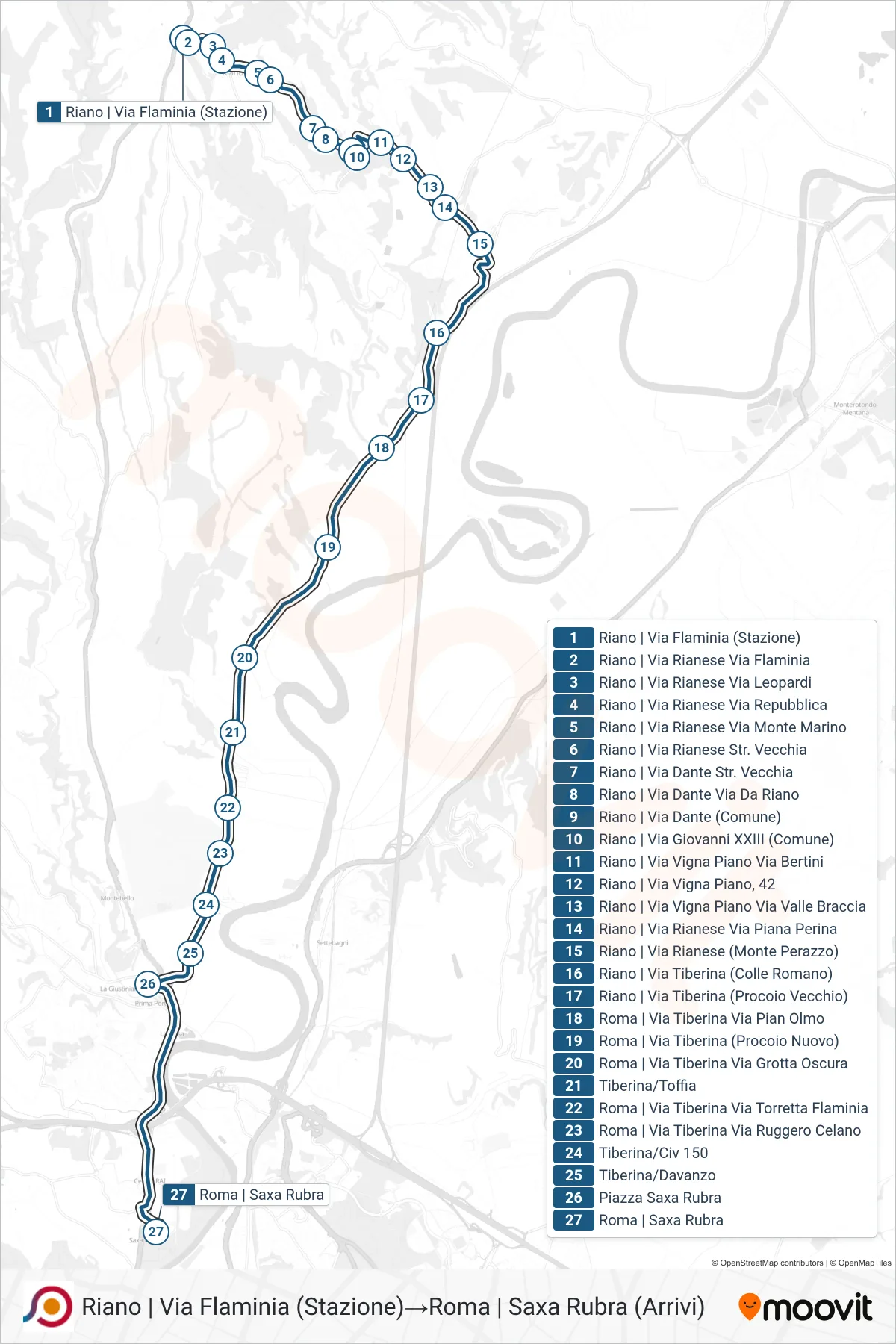 Linea COTRAL bus (Riano | Via Flaminia (Stazione)→Roma | Saxa Rubra (Arrivi)) - Percorsi e fermate sulla mappa