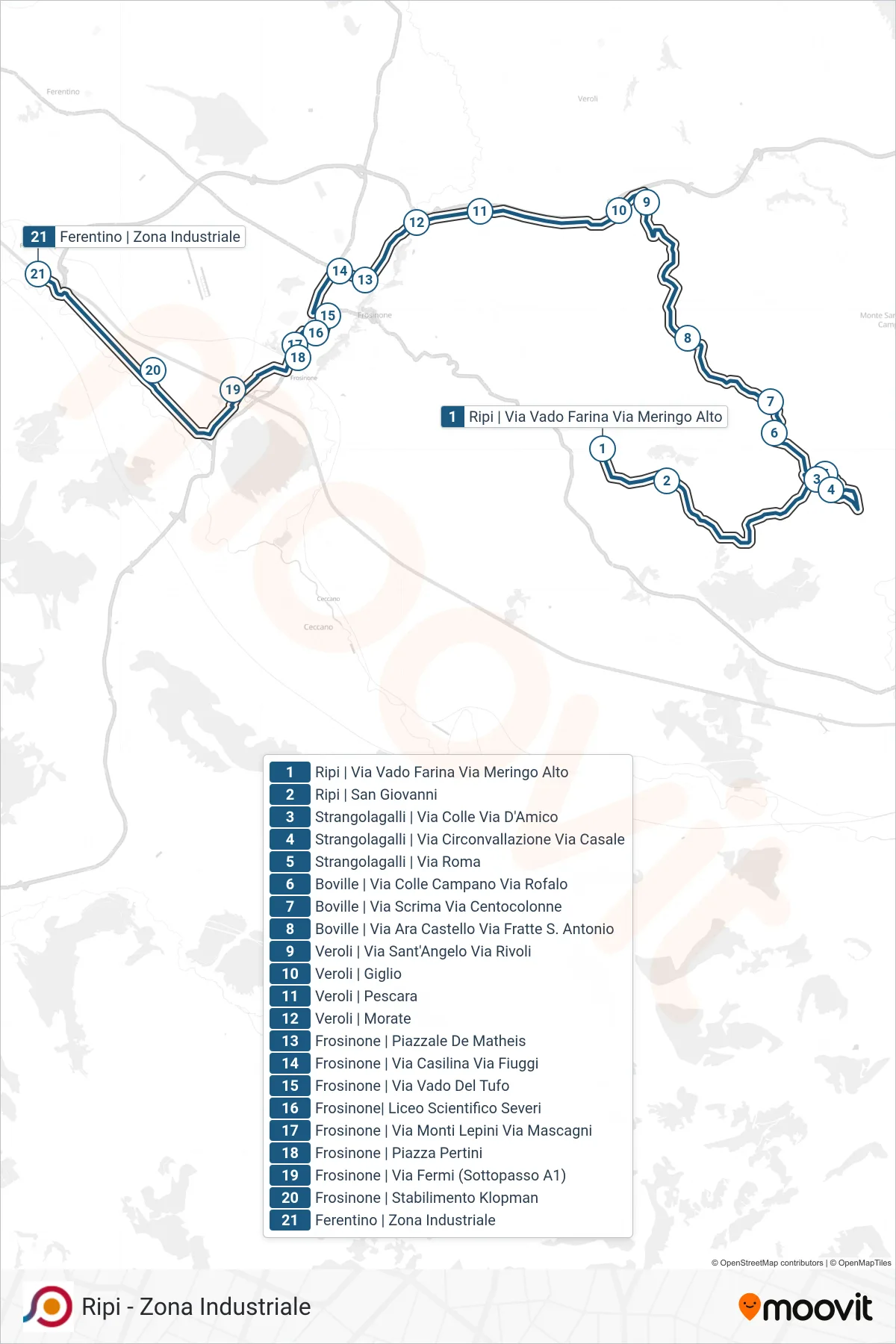 Linea COTRAL bus (Ripi | Via Vado Farina Via Meringo Alto→Ferentino | Zona Industriale) - Percorsi e fermate sulla mappa
