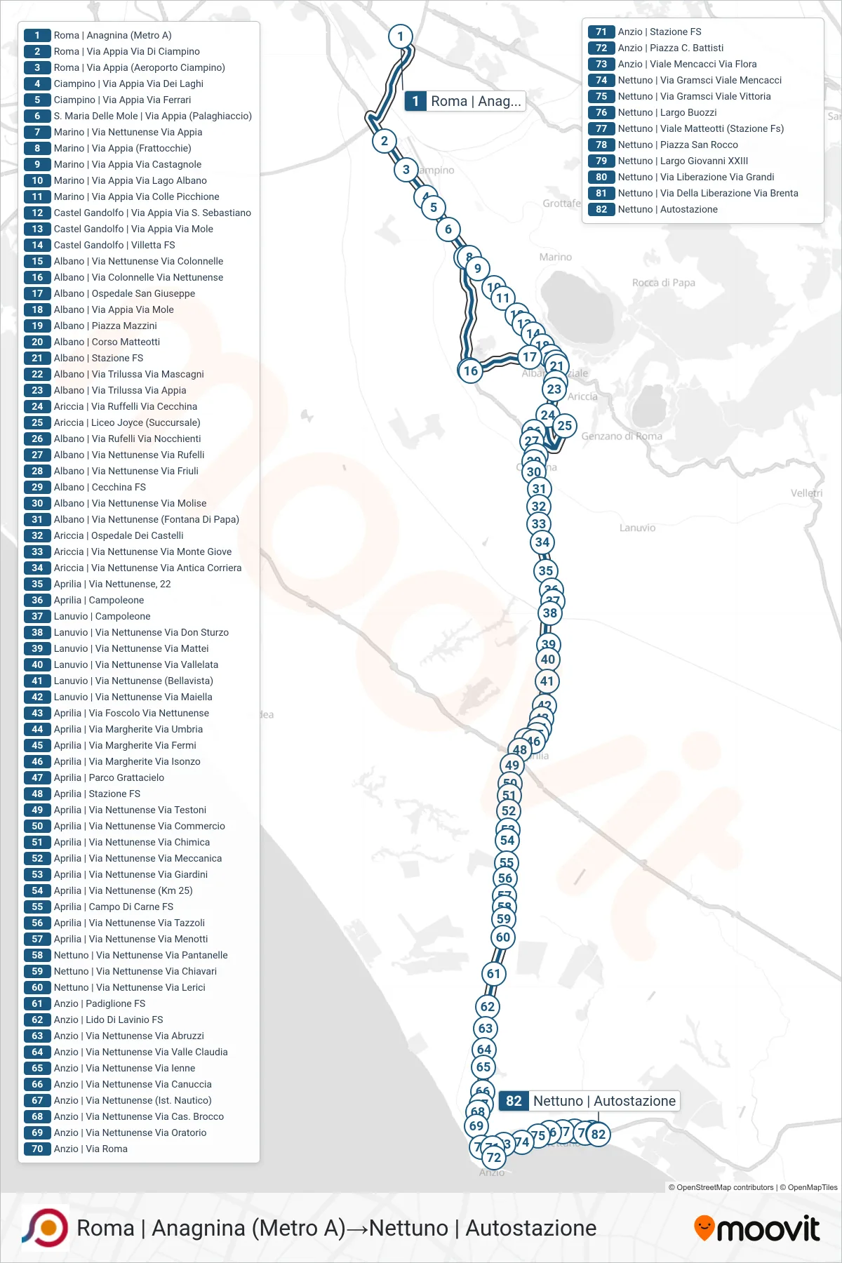 Linea COTRAL bus (Roma | Anagnina (Metro A)→Nettuno | Autostazione) - Percorsi e fermate sulla mappa