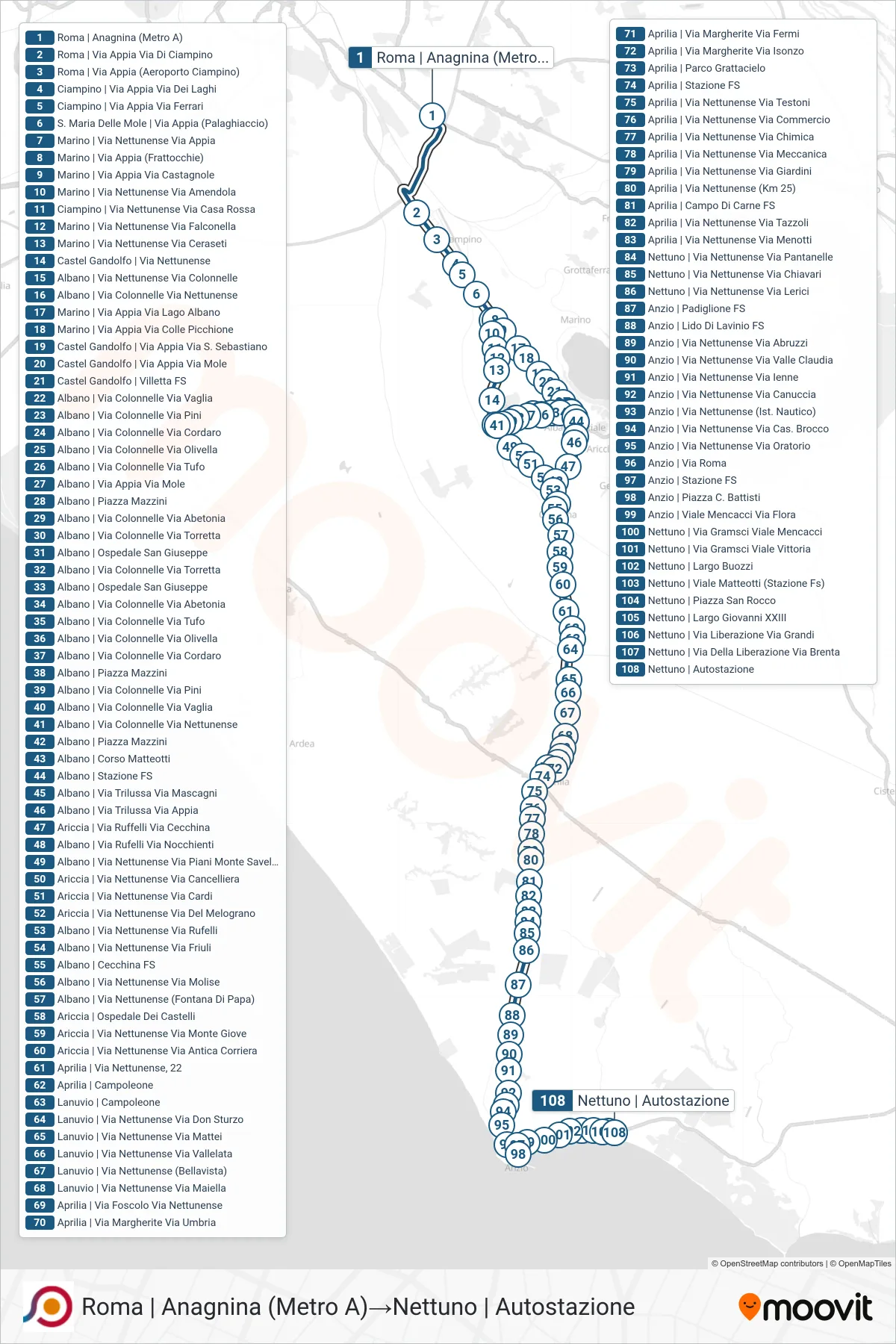 Linea COTRAL bus (Roma | Anagnina (Metro A)→Nettuno | Autostazione) - Percorsi e fermate sulla mappa