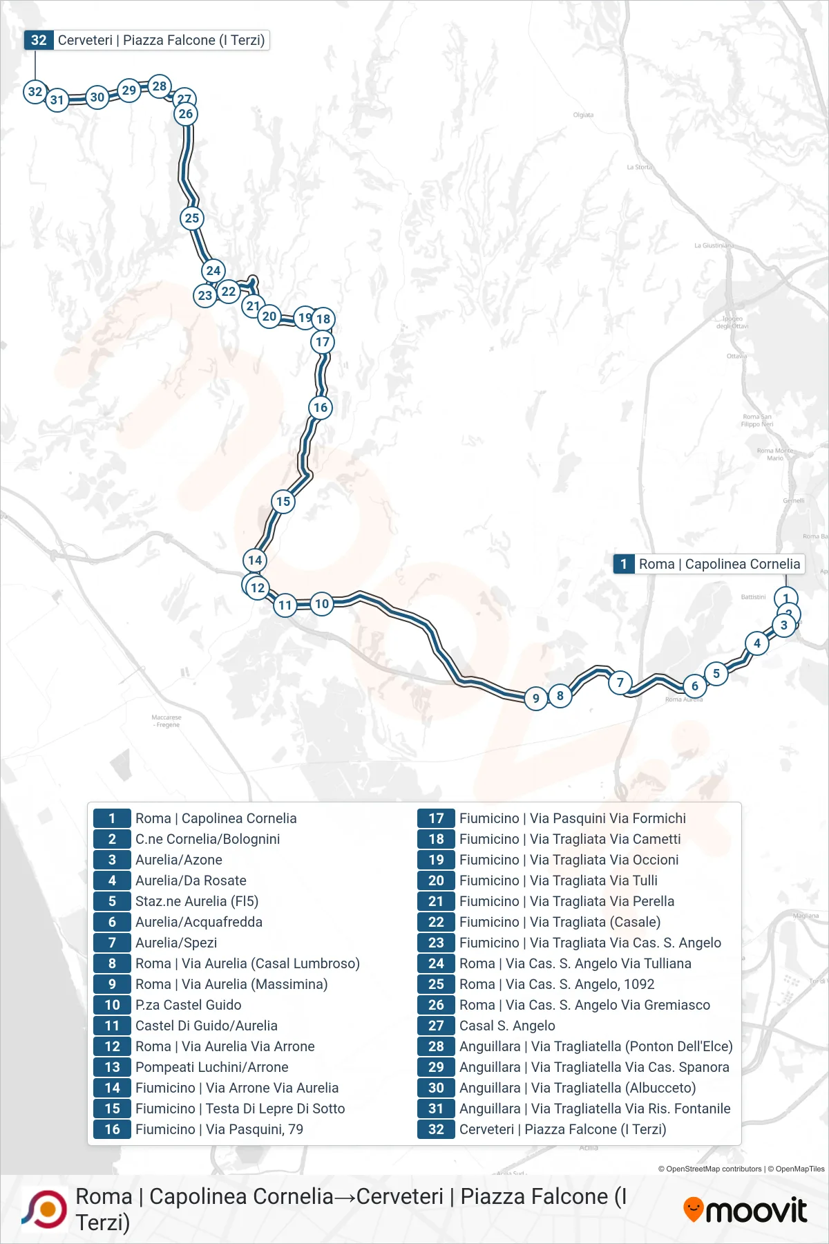 COTRAL bus Line (Rome | Cornelia Terminal→Cerveteri | Piazza Falcone (I Terzi)) route and stops on a map