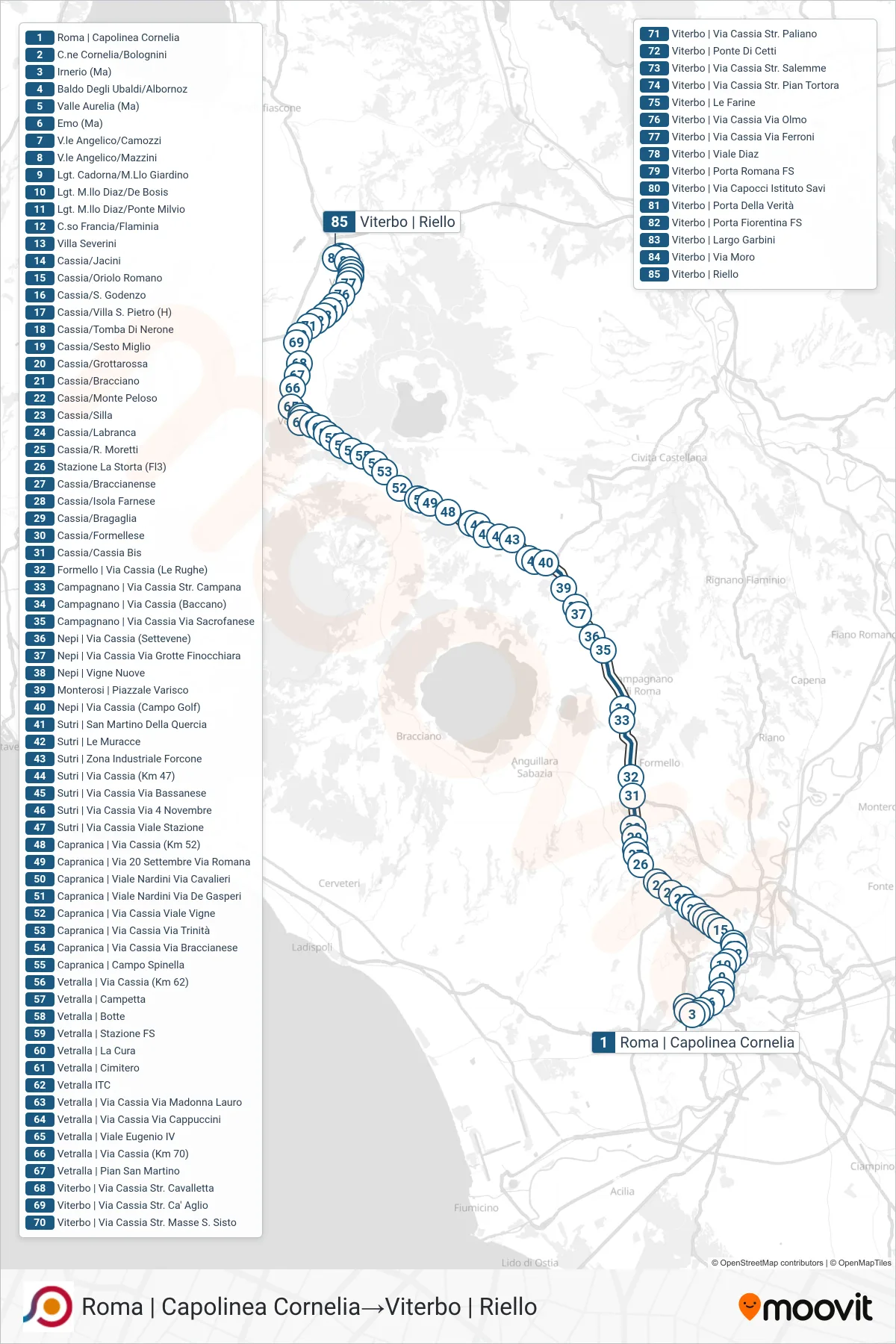 Linea COTRAL bus (Roma | Capolinea Cornelia→Viterbo | Riello) - Percorsi e fermate sulla mappa