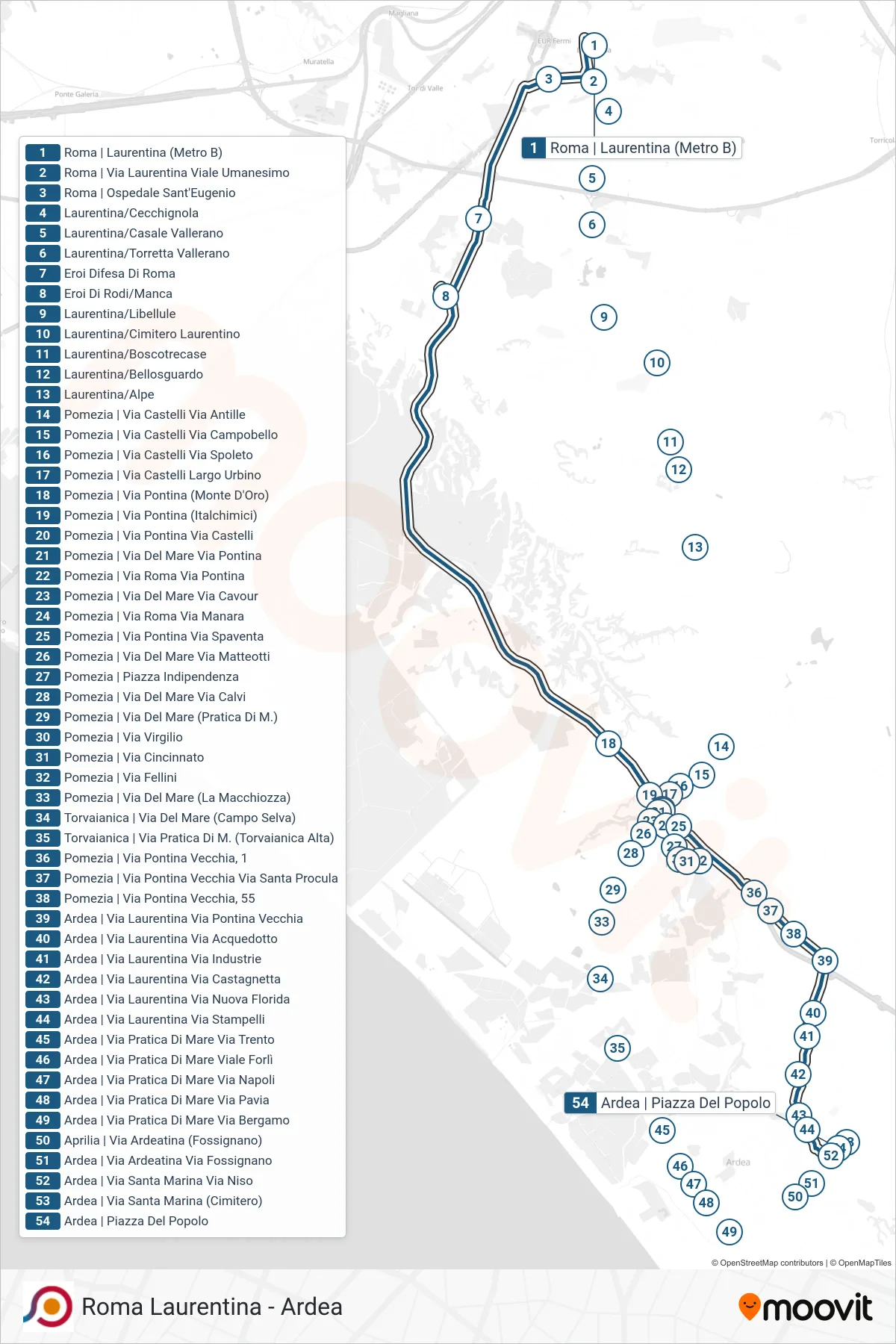 Linea COTRAL bus (Roma | Laurentina (Metro B)→Ardea | Piazza Del Popolo) - Percorsi e fermate sulla mappa