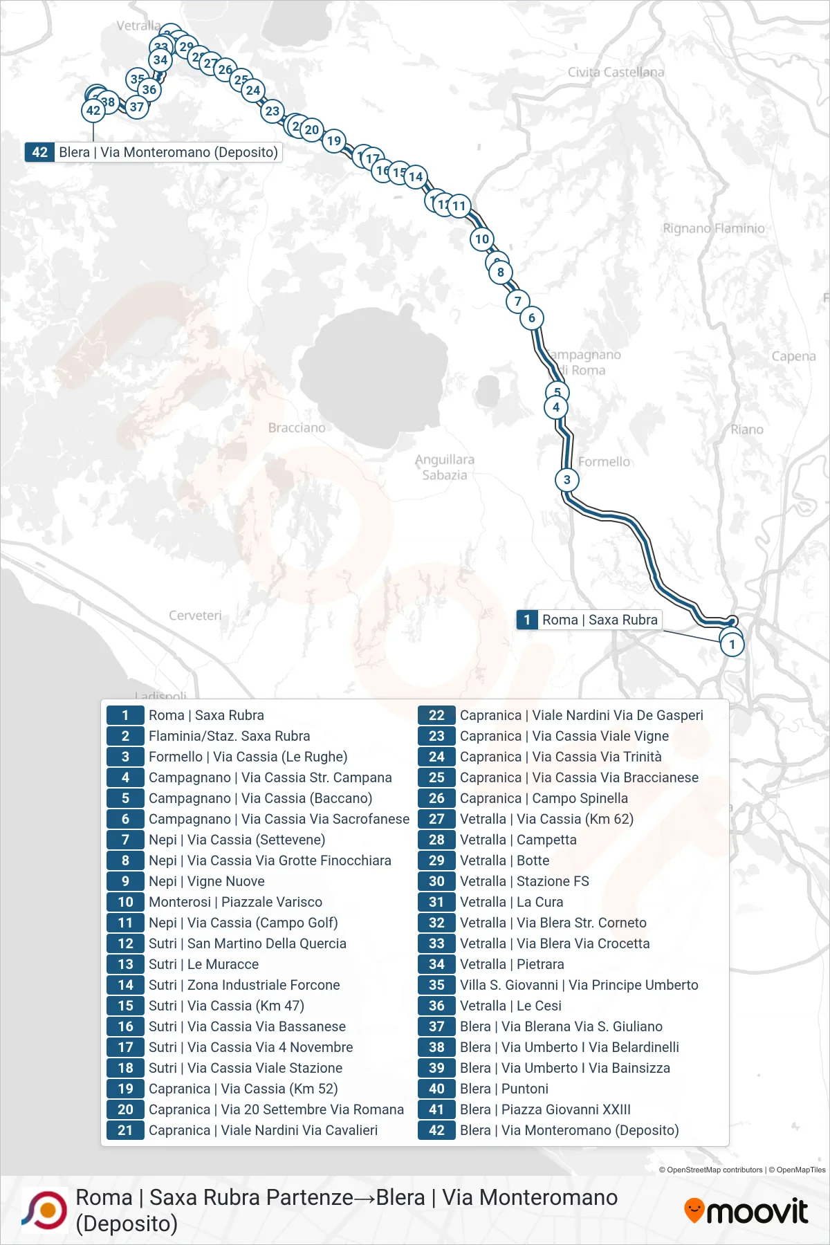 Linea COTRAL  bus (Roma | Saxa Rubra Partenze‎→Blera | Via Monteromano (Deposito)) - Percorsi e fermate sulla mappa