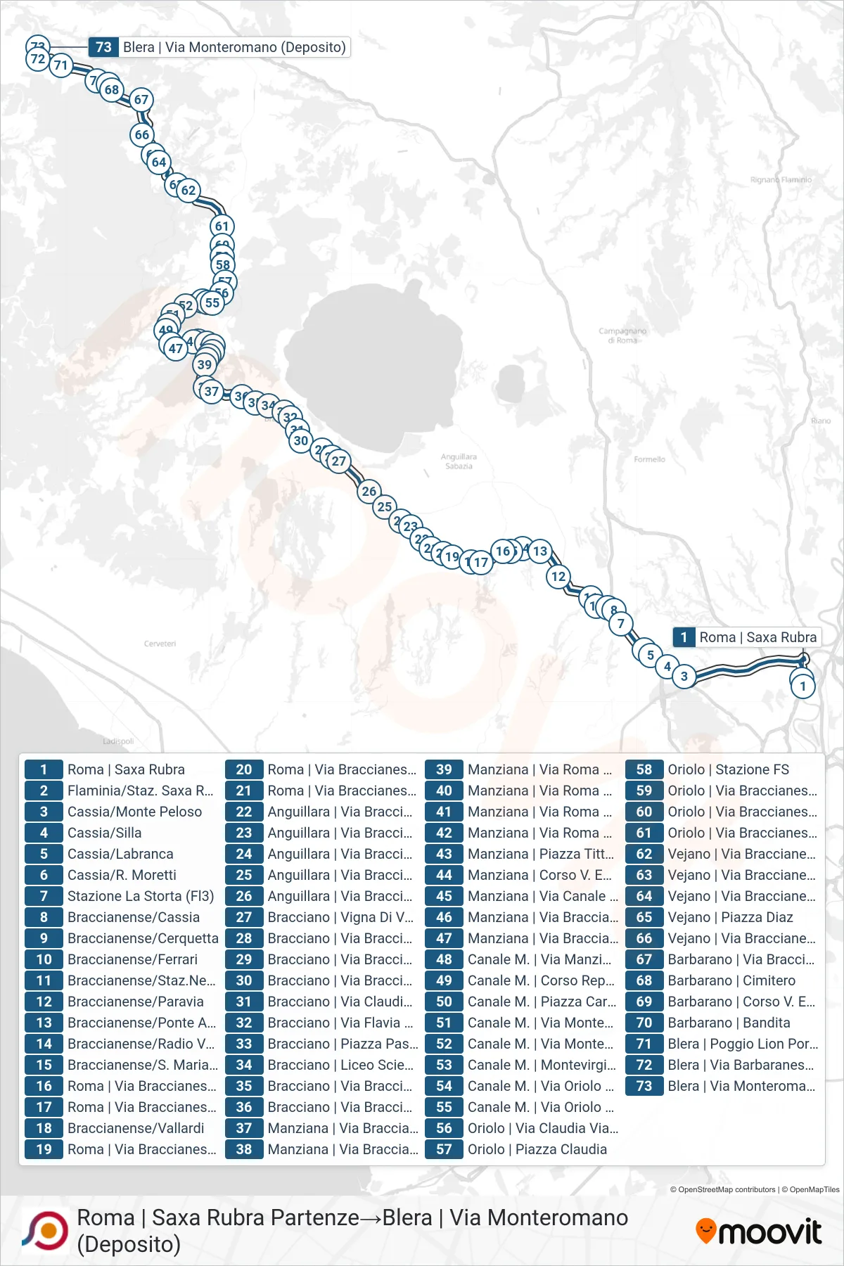 Linea COTRAL bus (Roma | Saxa Rubra Partenze→Blera | Via Monteromano (Deposito)) - Percorsi e fermate sulla mappa