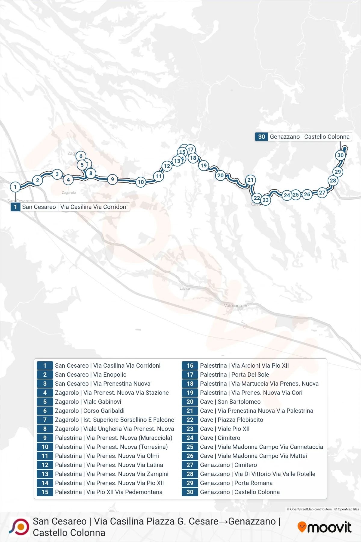 Linea COTRAL bus (San Cesareo | Via Casilina Piazza G. Cesare→Genazzano | Castello Colonna) - Percorsi e fermate sulla mappa