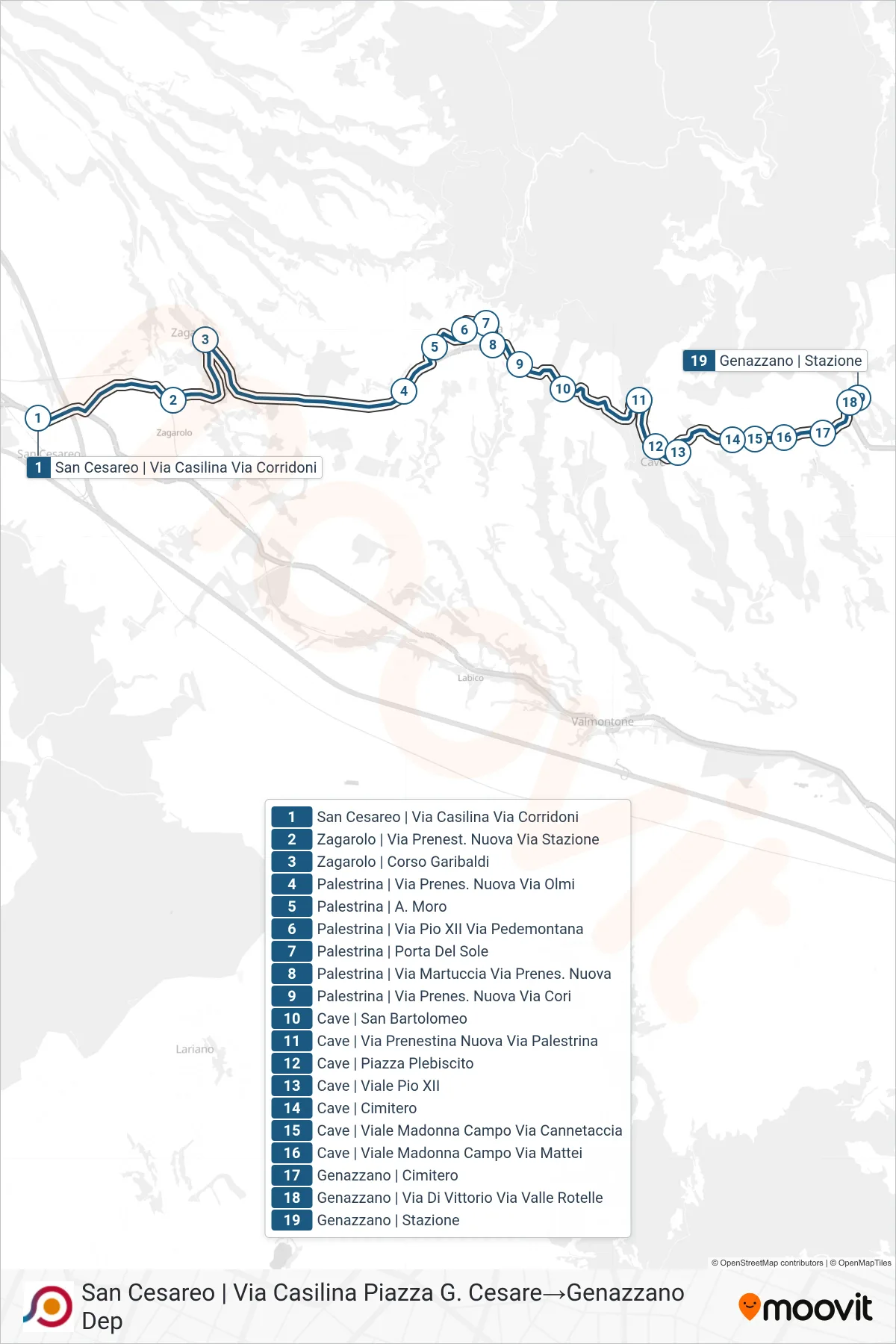 Linea COTRAL bus (San Cesareo | Via Casilina Piazza G. Cesare→Genazzano Dep) - Percorsi e fermate sulla mappa