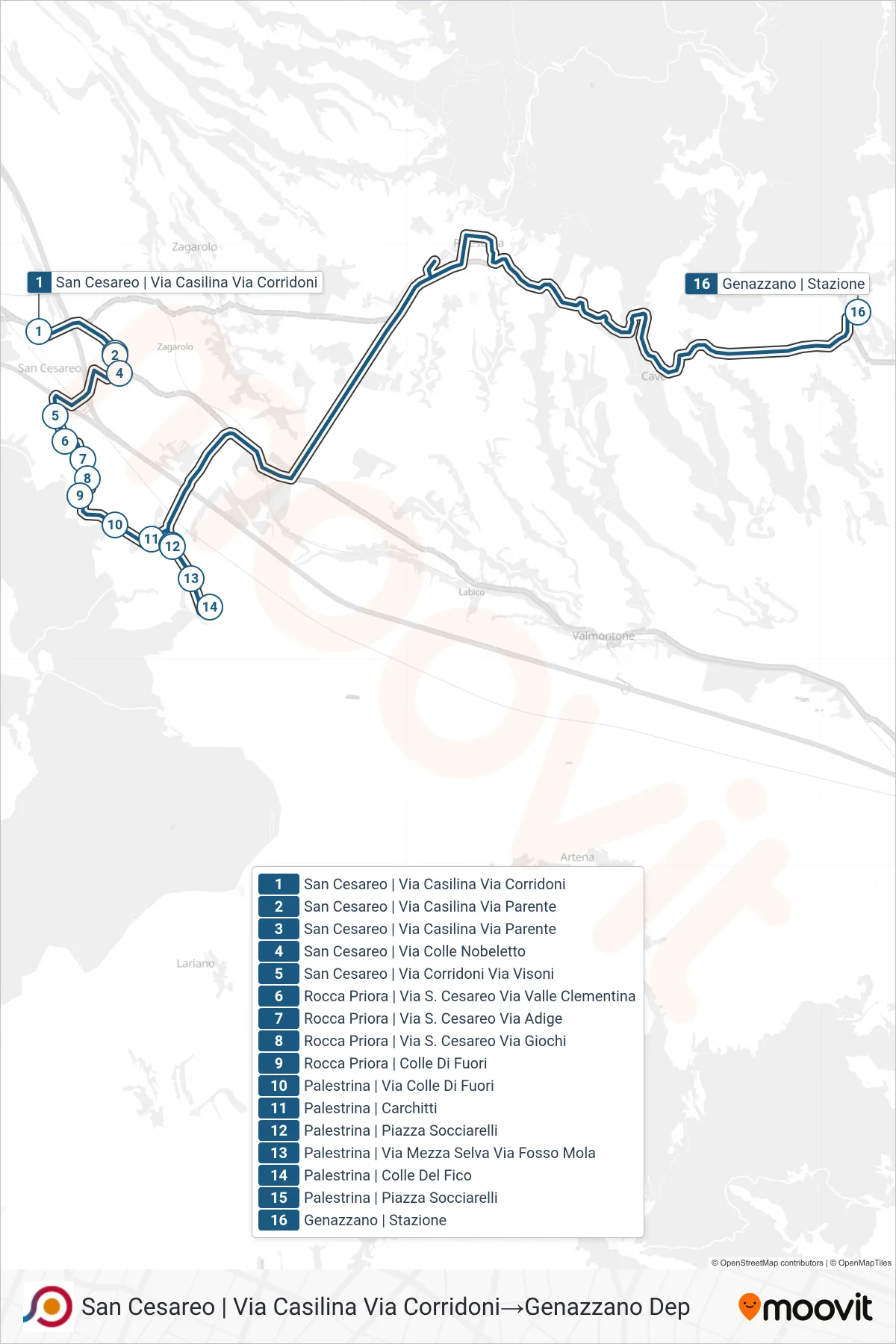 Linea COTRAL bus (San Cesareo | Via Casilina Via Corridoni→Genazzano Dep) - Percorsi e fermate sulla mappa