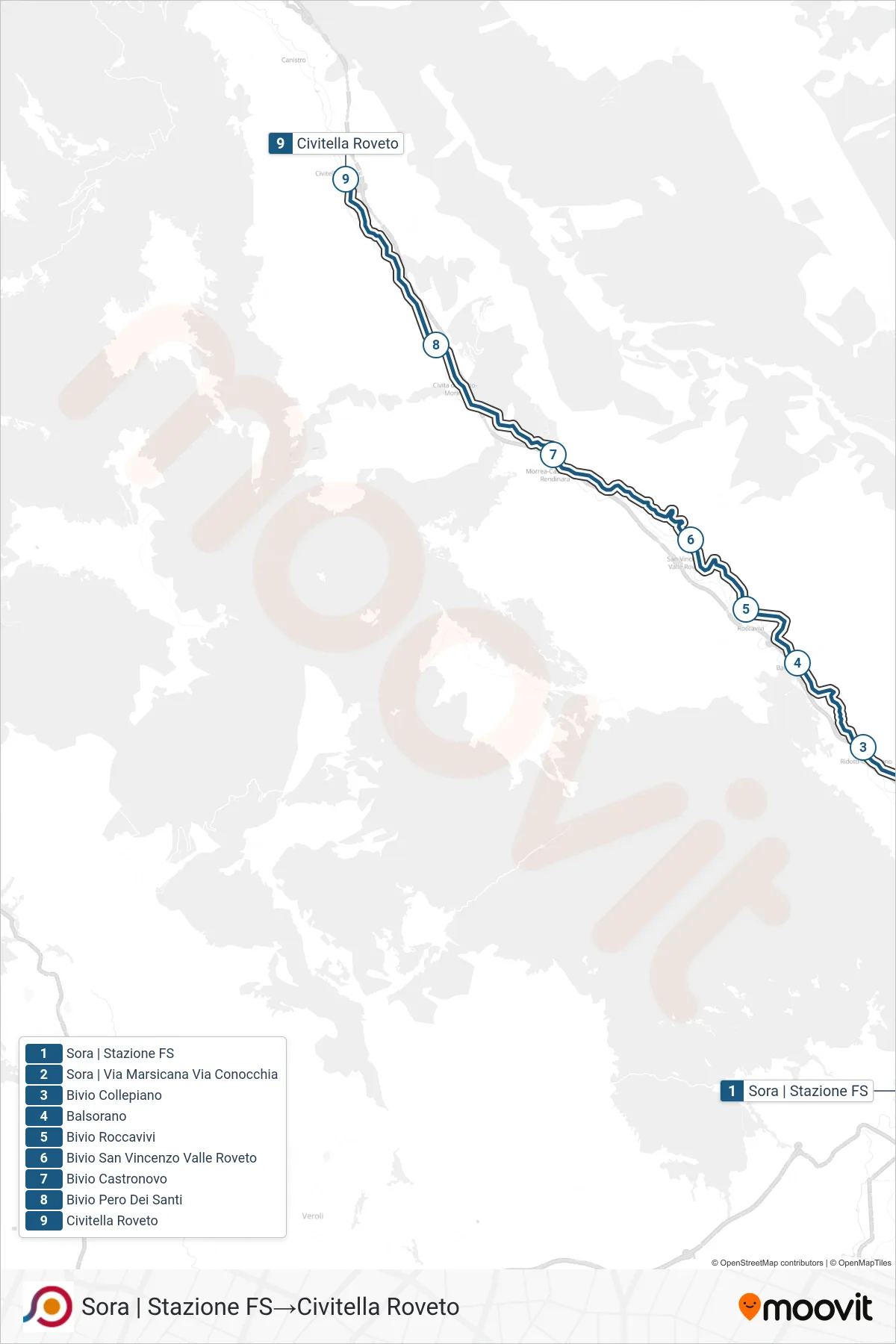 Linea COTRAL bus (Sora | Stazione FS→Civitella Roveto) - Percorsi e fermate sulla mappa