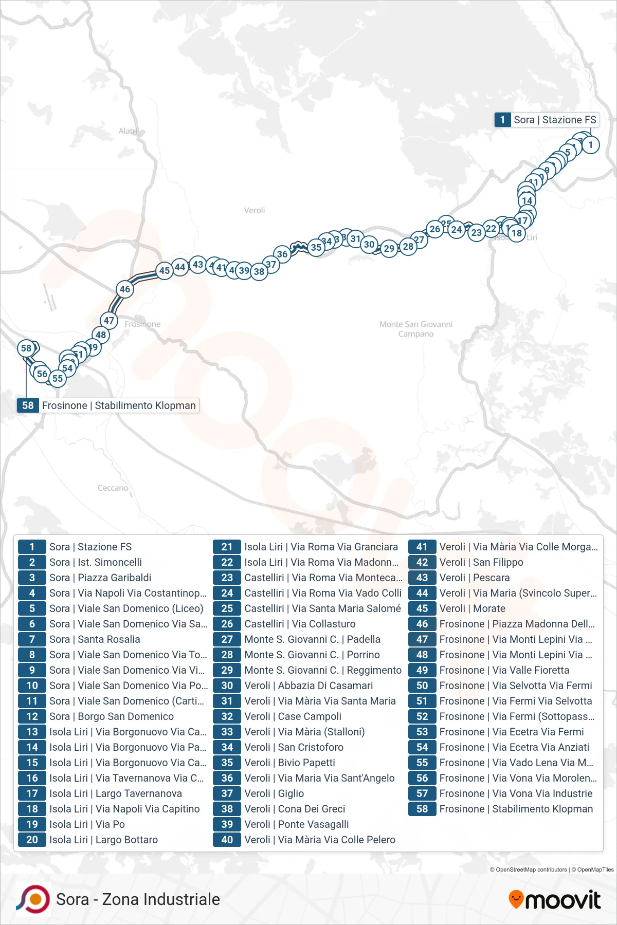 Linea COTRAL bus (Sora | Stazione FS→Frosinone | Stabilimento Klopman) - Percorsi e fermate sulla mappa