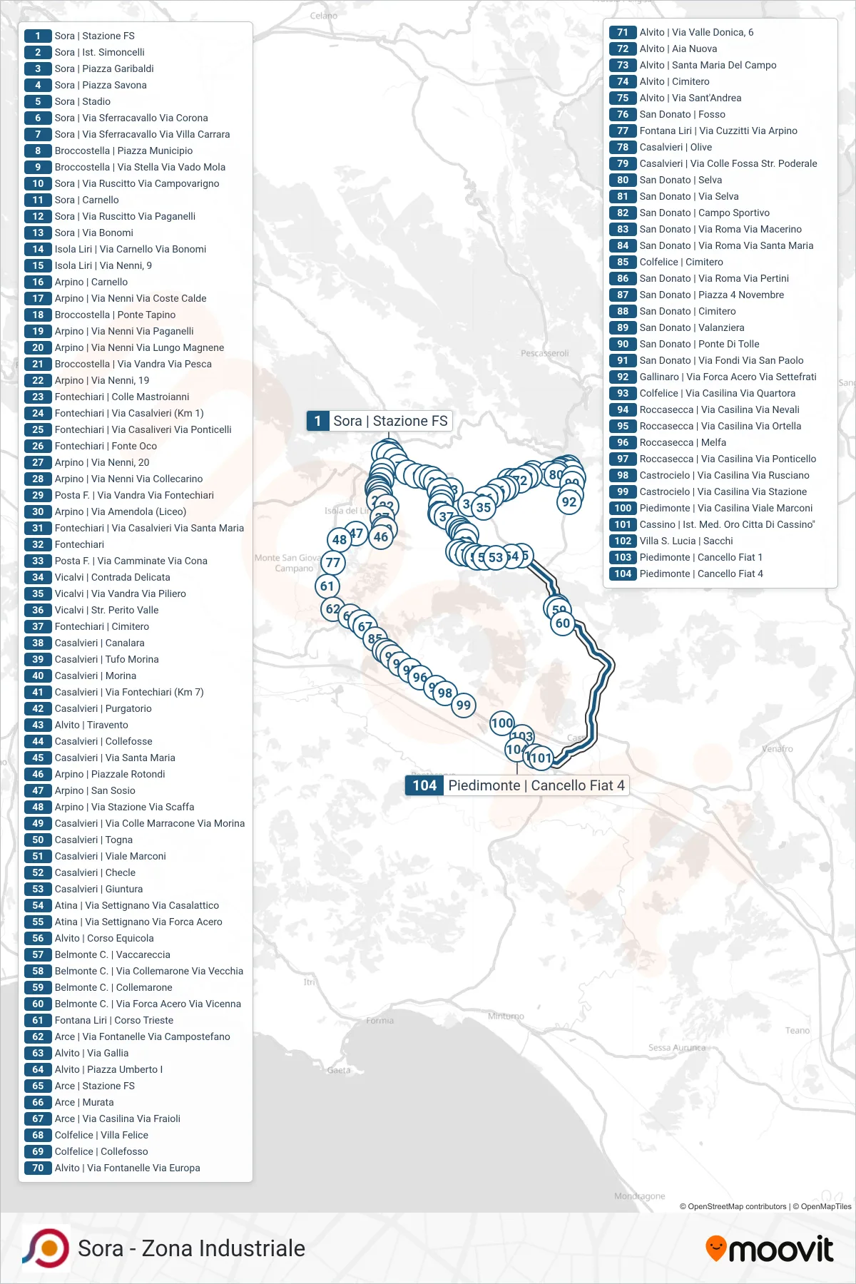 Linea COTRAL bus (Sora | Stazione FS→Piedimonte | Cancello Fiat 4) - Percorsi e fermate sulla mappa