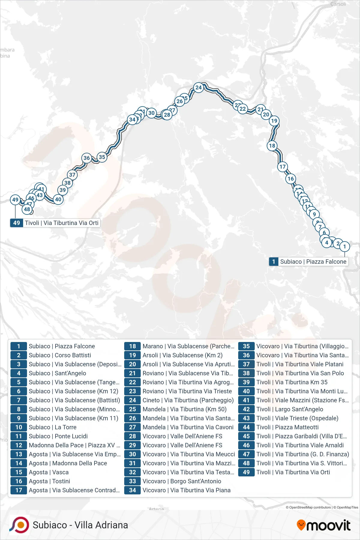 Linea COTRAL  bus (Subiaco | Piazza Falcone‎→Tivoli | Via Tiburtina Via Orti) - Percorsi e fermate sulla mappa