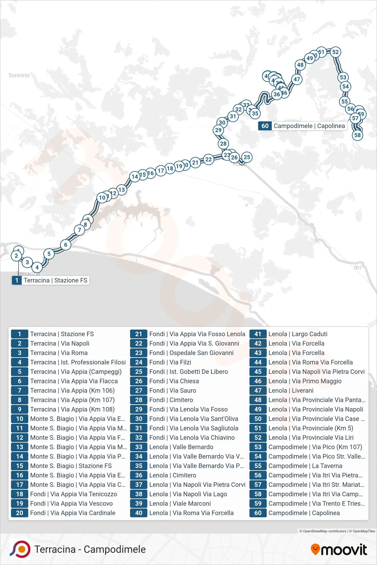 Linea COTRAL bus (Terracina | Stazione FS→Campodimele | Capolinea) - Percorsi e fermate sulla mappa