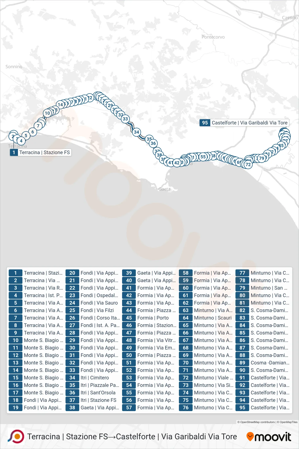Linea COTRAL  bus (Terracina | Stazione FS‎→Castelforte | Via Garibaldi Via Tore) - Percorsi e fermate sulla mappa