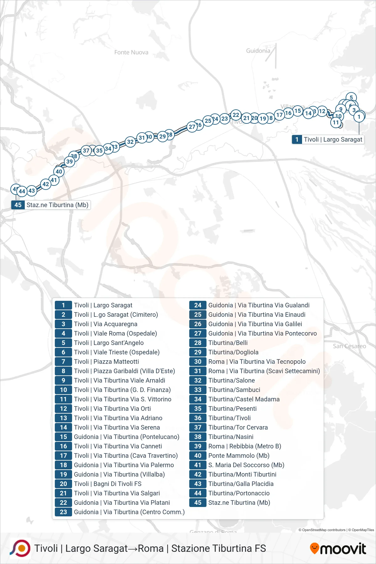 Linea COTRAL bus (Tivoli | Largo Saragat→Roma | Stazione Tiburtina FS) - Percorsi e fermate sulla mappa