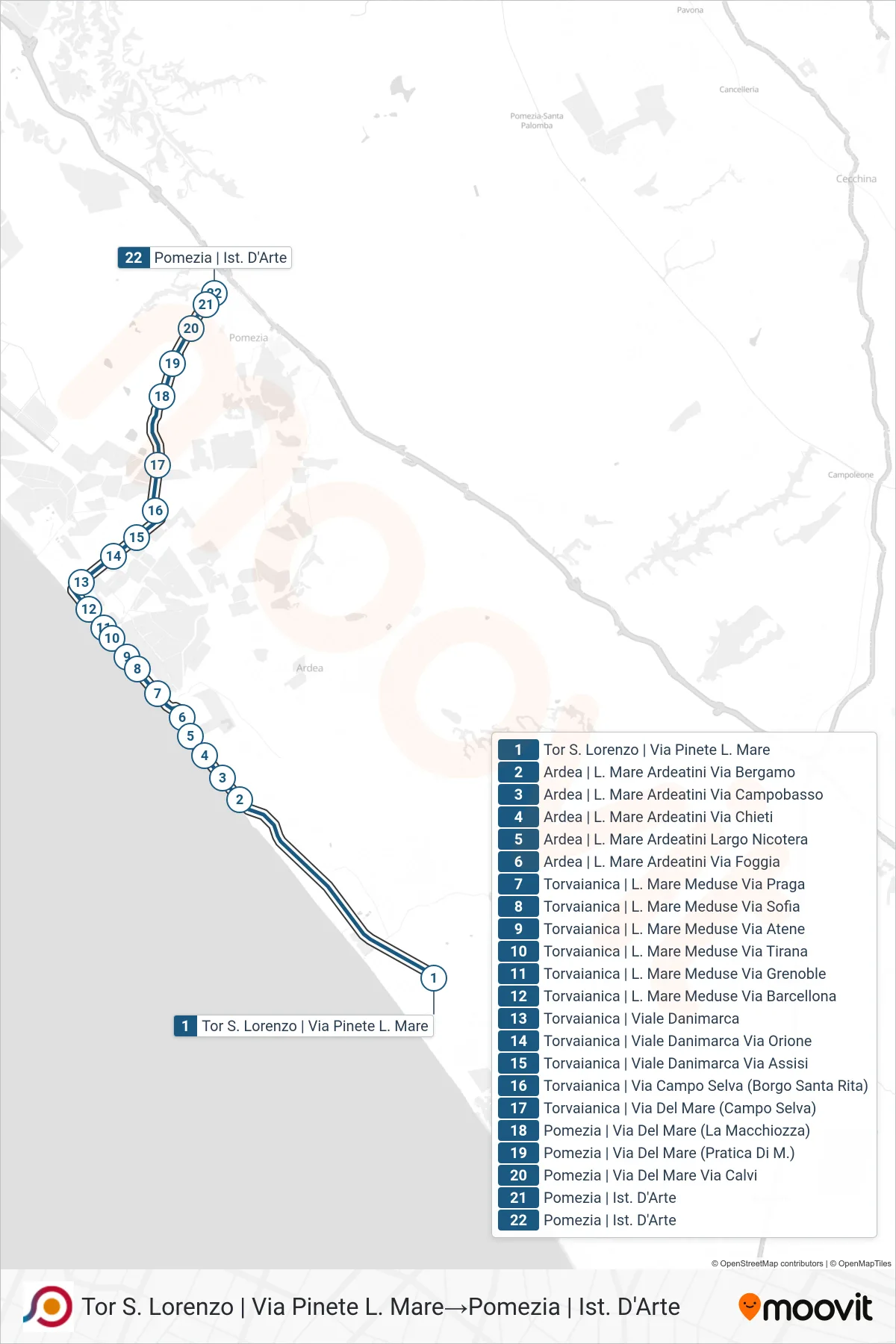 Linea COTRAL  bus (Tor S. Lorenzo | Via Pinete L. Mare‎→Pomezia | Ist. D'Arte) - Percorsi e fermate sulla mappa