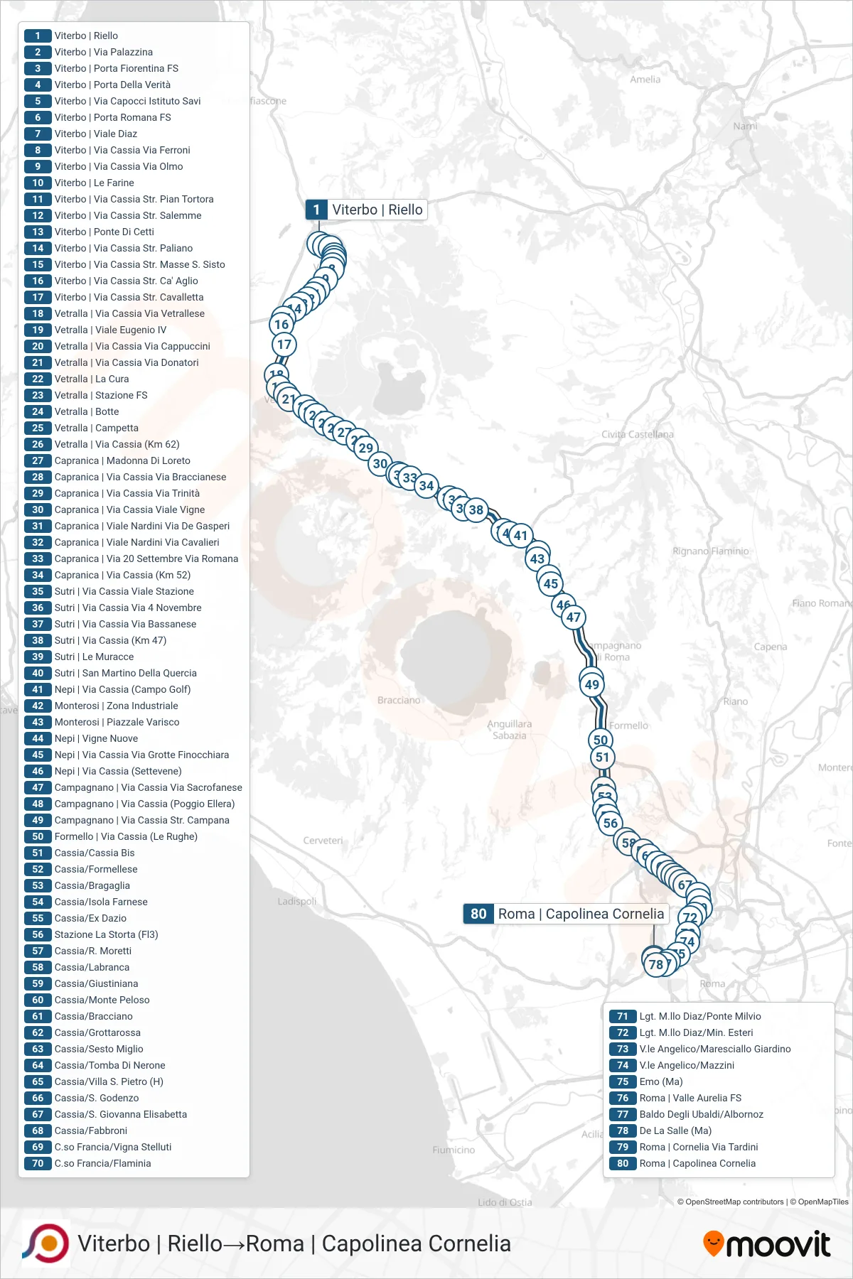 Linea COTRAL bus (Viterbo | Riello→Roma | Capolinea Cornelia) - Percorsi e fermate sulla mappa