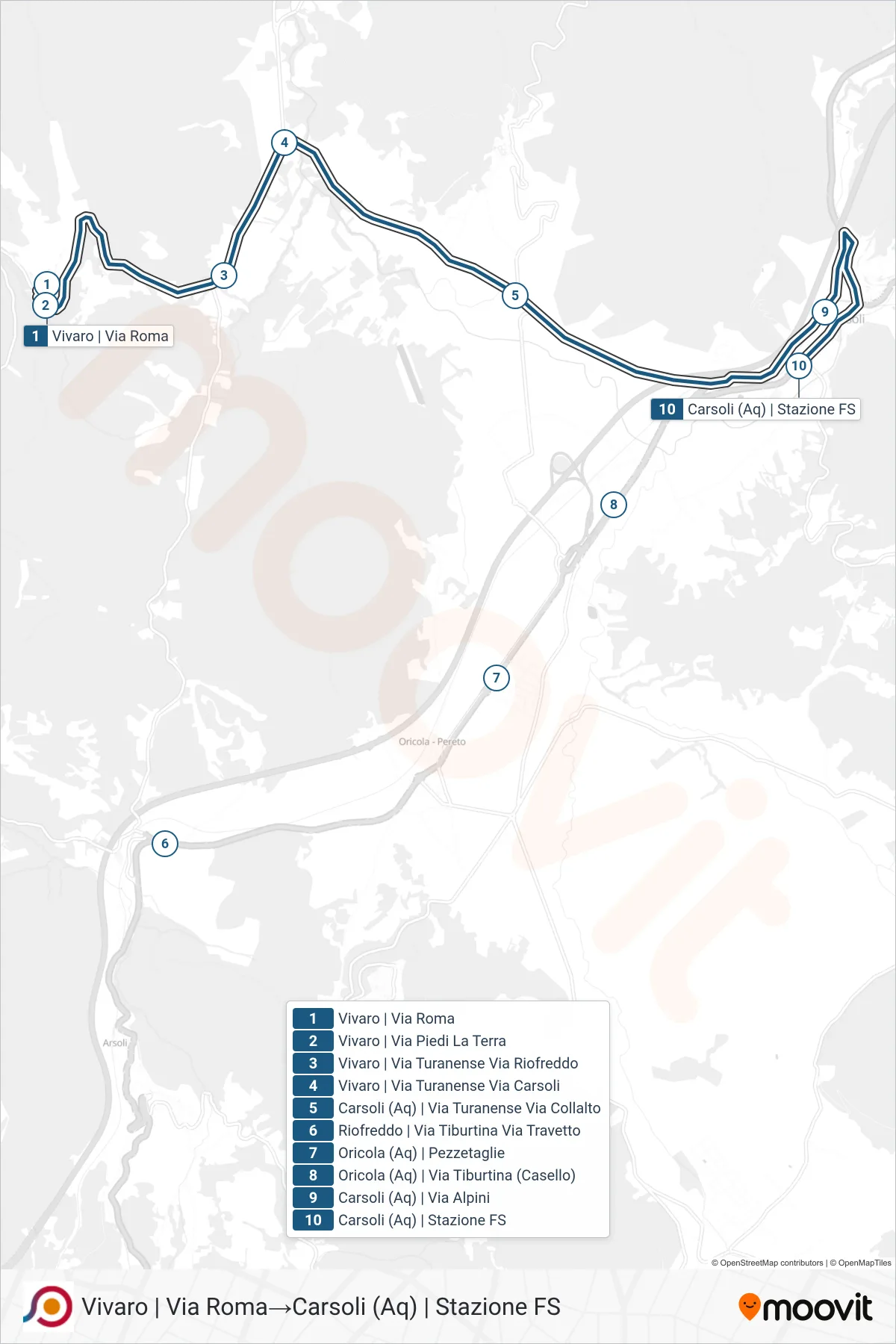 Linea COTRAL bus (Vivaro | Via Roma→Carsoli (Aq) | Stazione FS) - Percorsi e fermate sulla mappa